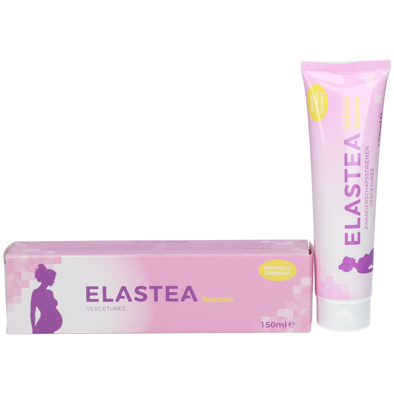 Roze tube en doos. Opschrift ELASTEA, zwangerschapsstriemen. Geel etiket. 150ml.