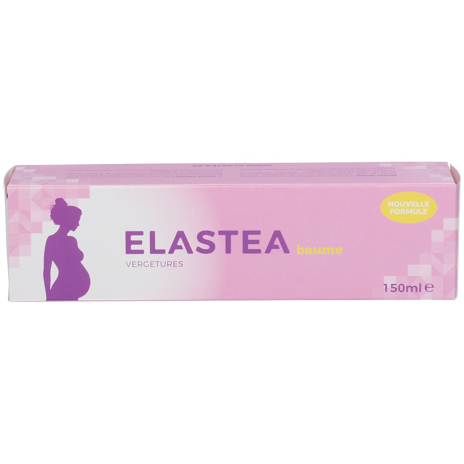 Roze doos met opschrift ELASTEA, zwangerschapsstriemen. Geel etiket. 150ml.