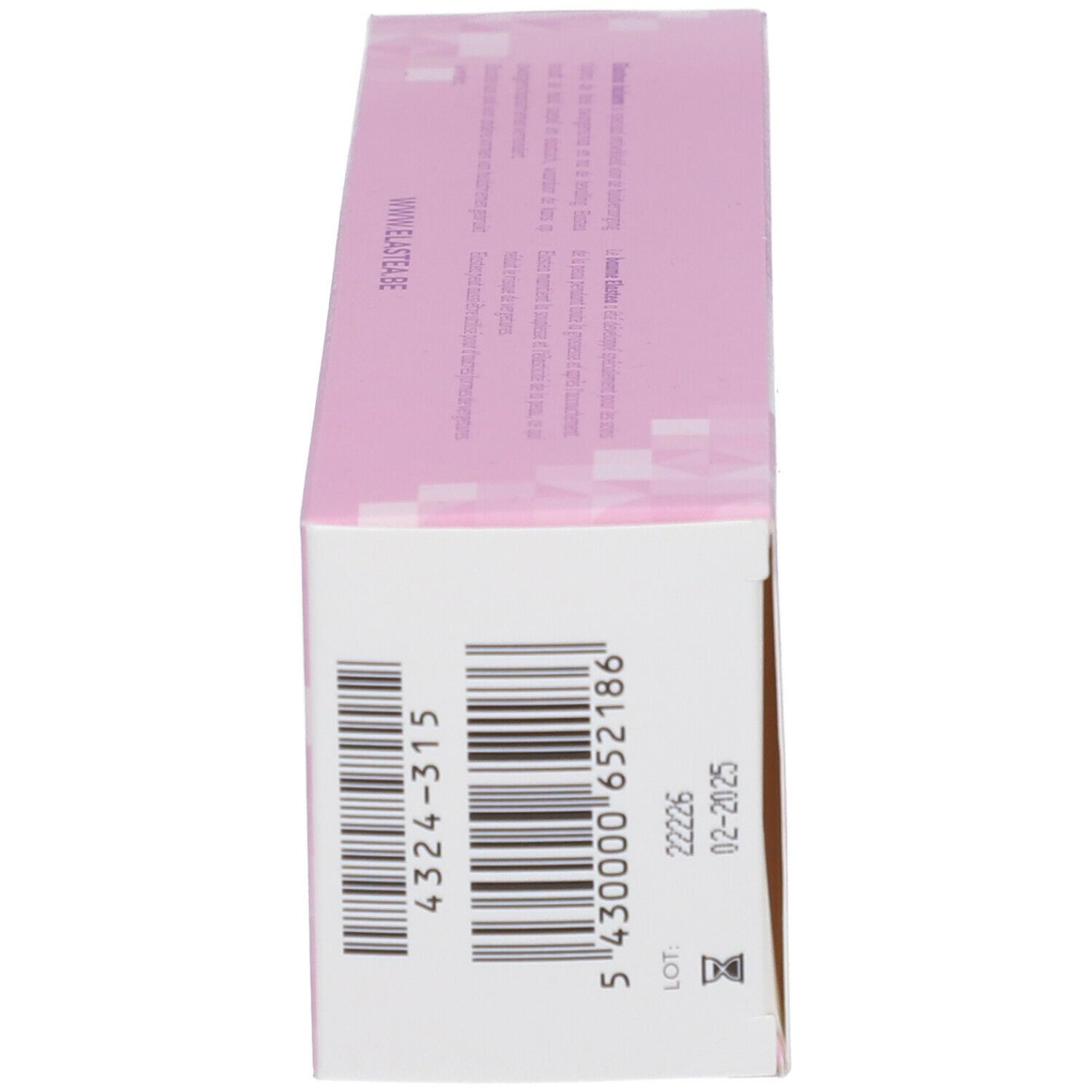 Zijkant van de doos met barcode, lotnummer en vervaldatum. Roze en wit.