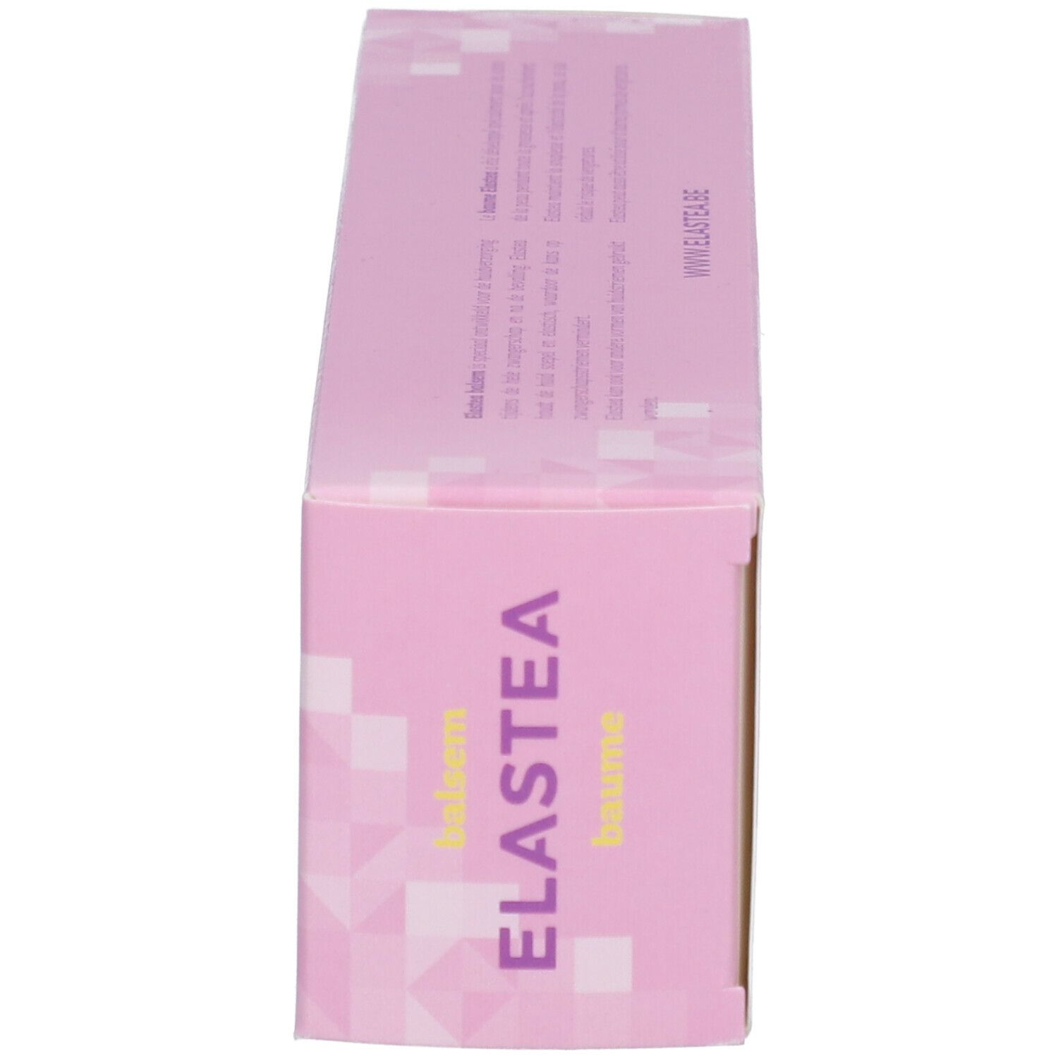 Zijkant van de doos met opschrift ELASTEA, balsem. Roze en wit.