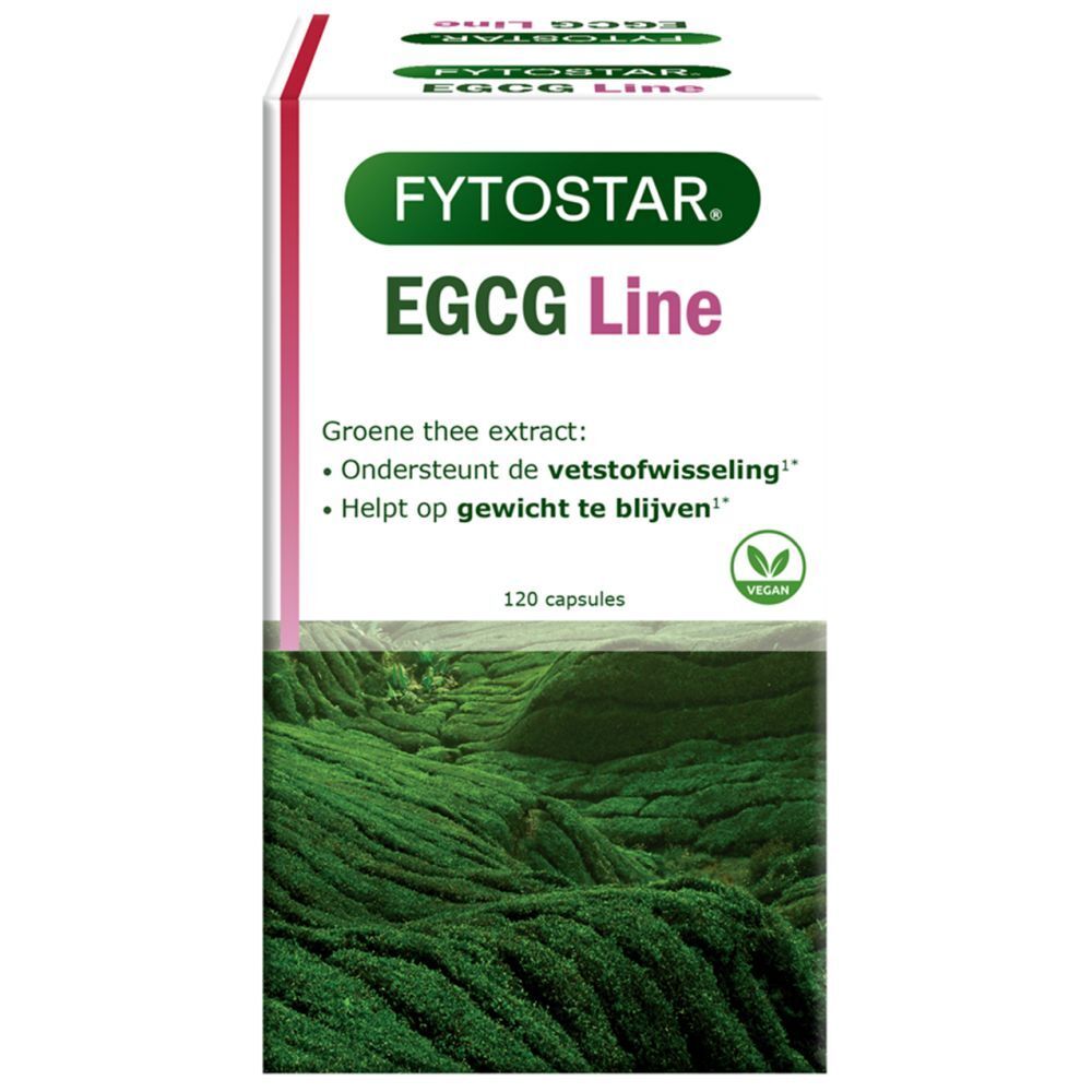 Doos Fytostar EGCG Line. Opschrift: EGCG Line, 120 capsules, vegan. Groene thee extract.