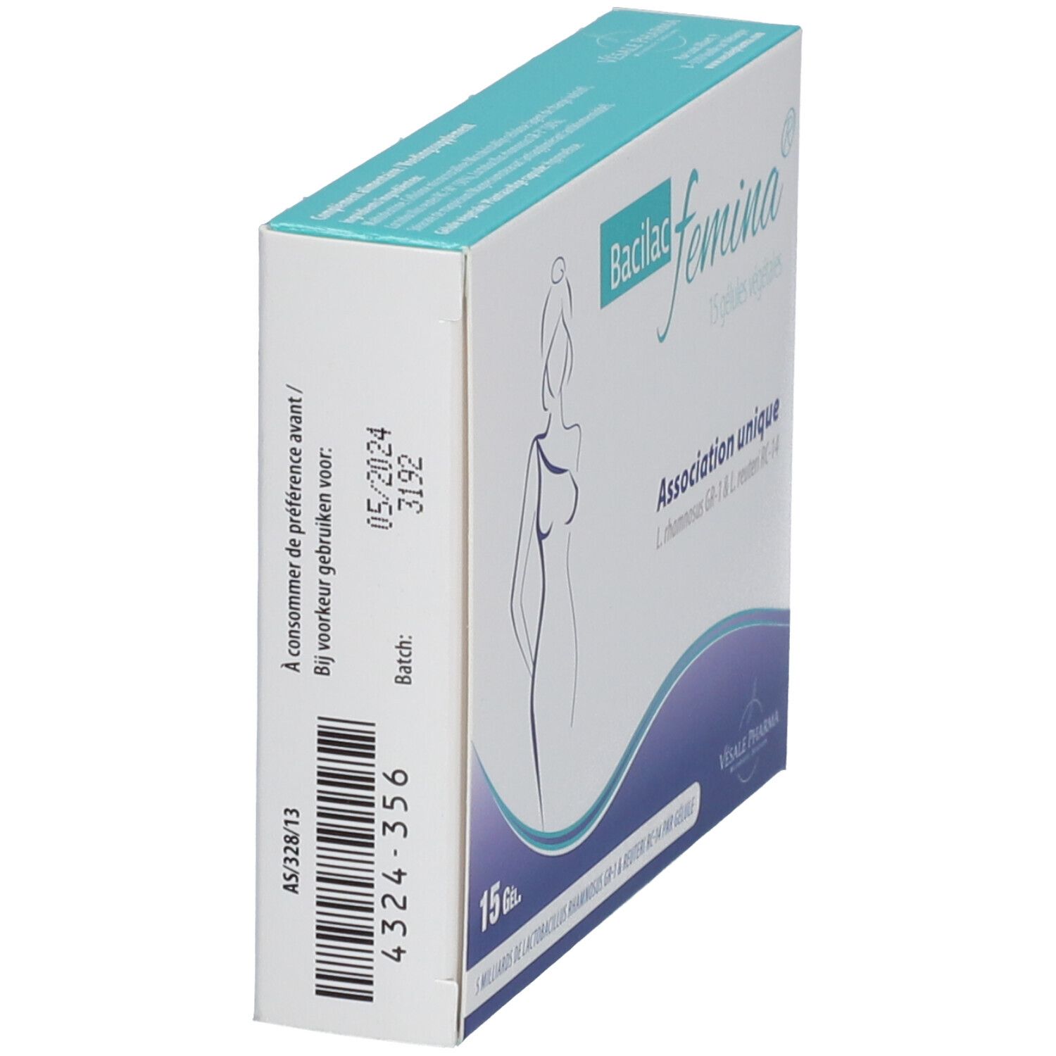 Zijkant van Bacilac femina® doosje. Witte doos met blauw logo en informatie. Bevat batchnummer en vervaldatum.