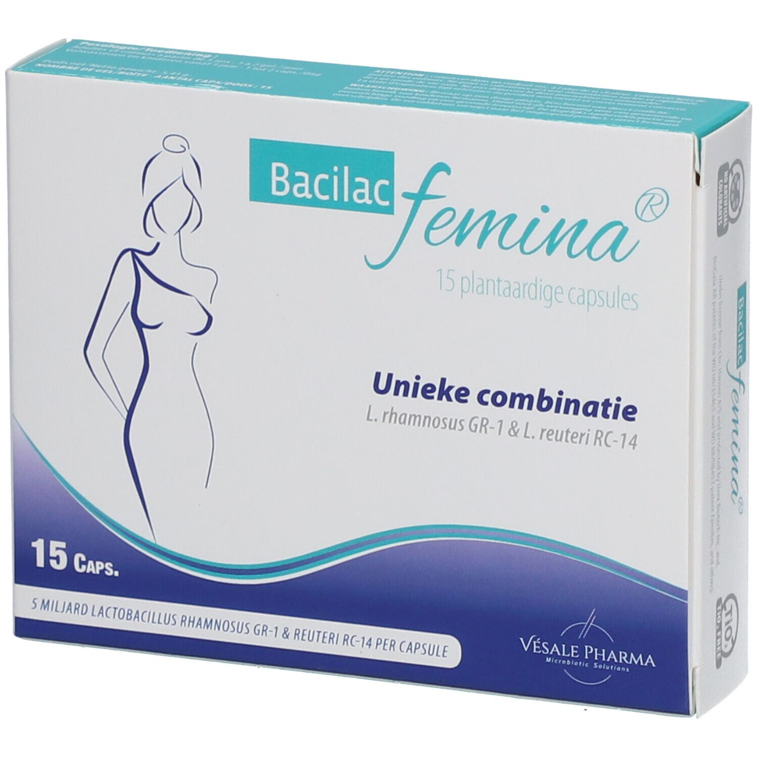 Bacilac femina® doosje met 15 capsules. Witte doos met blauw logo en vrouwenfiguur. Bevat informatie over ingrediënten.