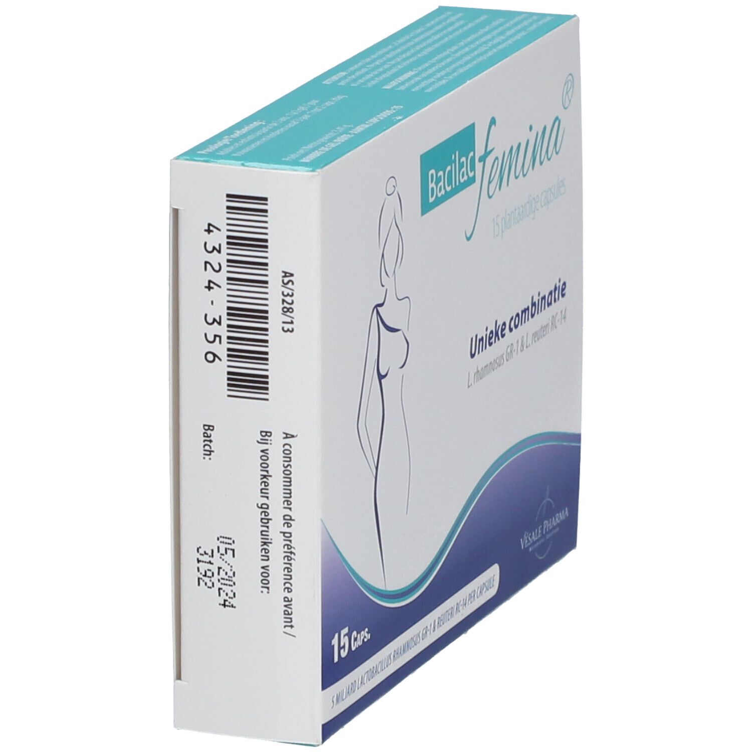 Zijkant van Bacilac femina® doosje. Witte doos met blauw logo en informatie. Bevat batchnummer en vervaldatum.