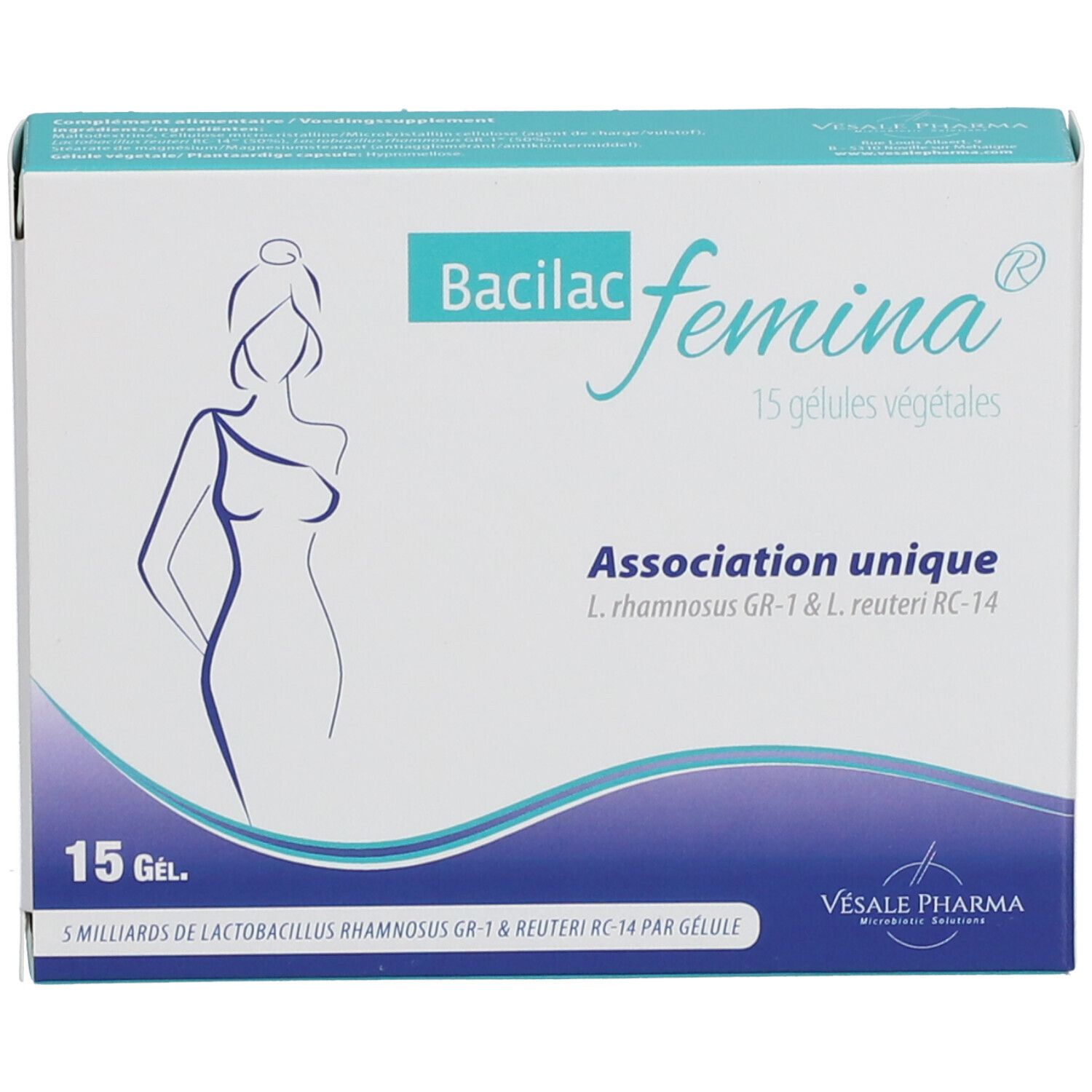 Bacilac femina® doosje met 15 capsules. Witte doos met blauw logo en vrouwenfiguur. Bevat informatie over ingrediënten.