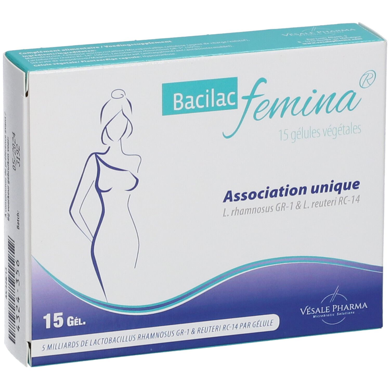 Bacilac femina® doosje met 15 capsules. Witte doos met blauw logo en vrouwenfiguur. Bevat informatie over ingrediënten.