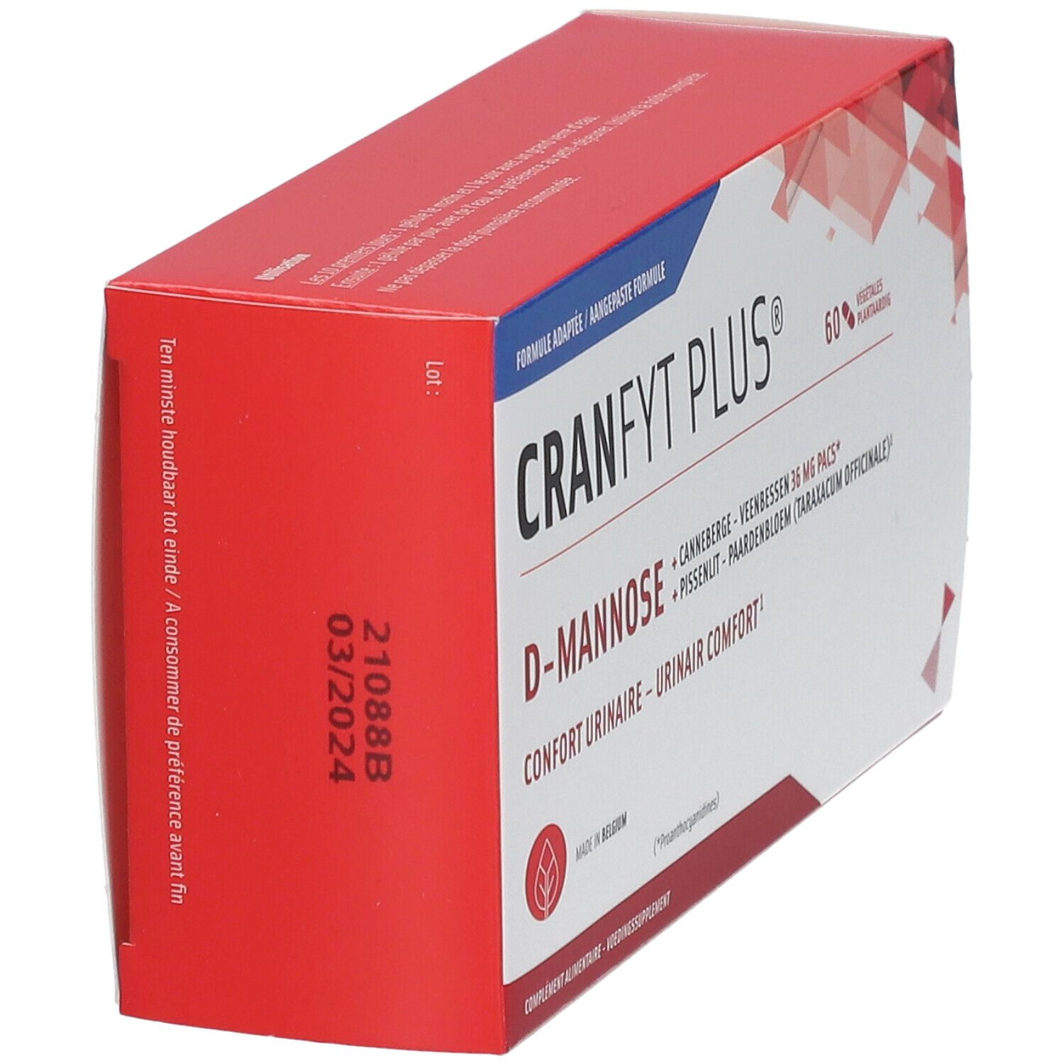 Rote und weiße Schachtel CRANFYT PLUS®. Aufschrift: D-Mannose, Cranberry, Löwenzahn. Mindesthaltbarkeitsdatum: 03/2024.