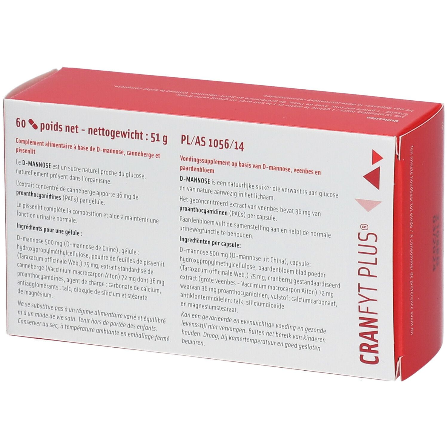 Rote und weiße Schachtel CRANFYT PLUS®. Rückseite mit Inhaltsangaben und Nährwertangaben. 60 Kapseln. Nettogewicht: 51 g.