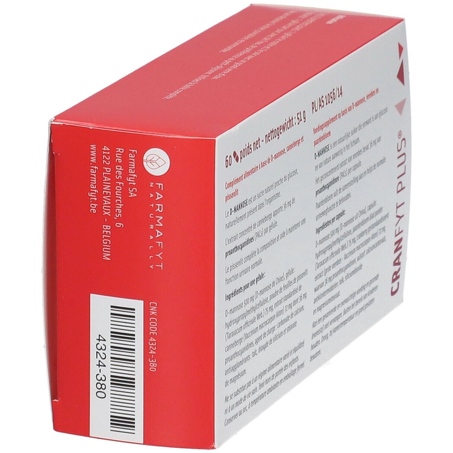 Rote und weiße Schachtel CRANFYT PLUS®. Rückseite mit Herstelleradresse und Chargennummer. 60 Kapseln. Nettogewicht: 51 g.