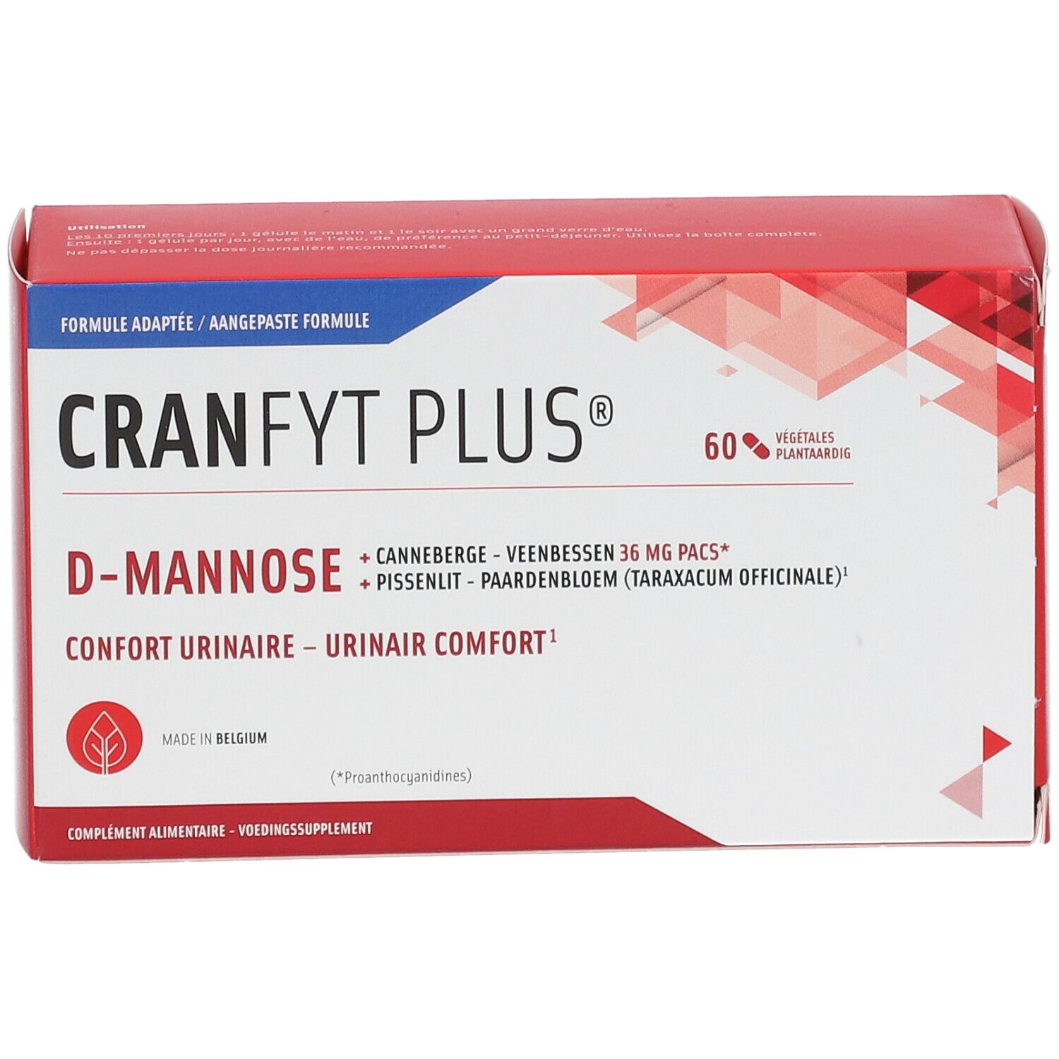 Rote und weiße Schachtel mit CRANFYT PLUS®. Enthält 60 Kapseln. Aufschrift: D-Mannose, Cranberry, Löwenzahn. Umschlag für Harnkomfort.