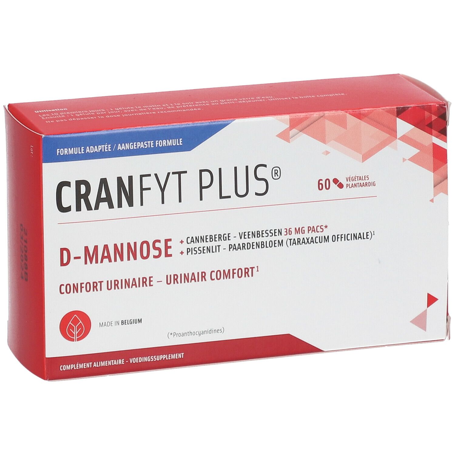 Rote und weiße Schachtel mit CRANFYT PLUS®. Enthält 60 Kapseln. Aufschrift: D-Mannose, Cranberry, Löwenzahn. Umschlag für Harnkomfort.