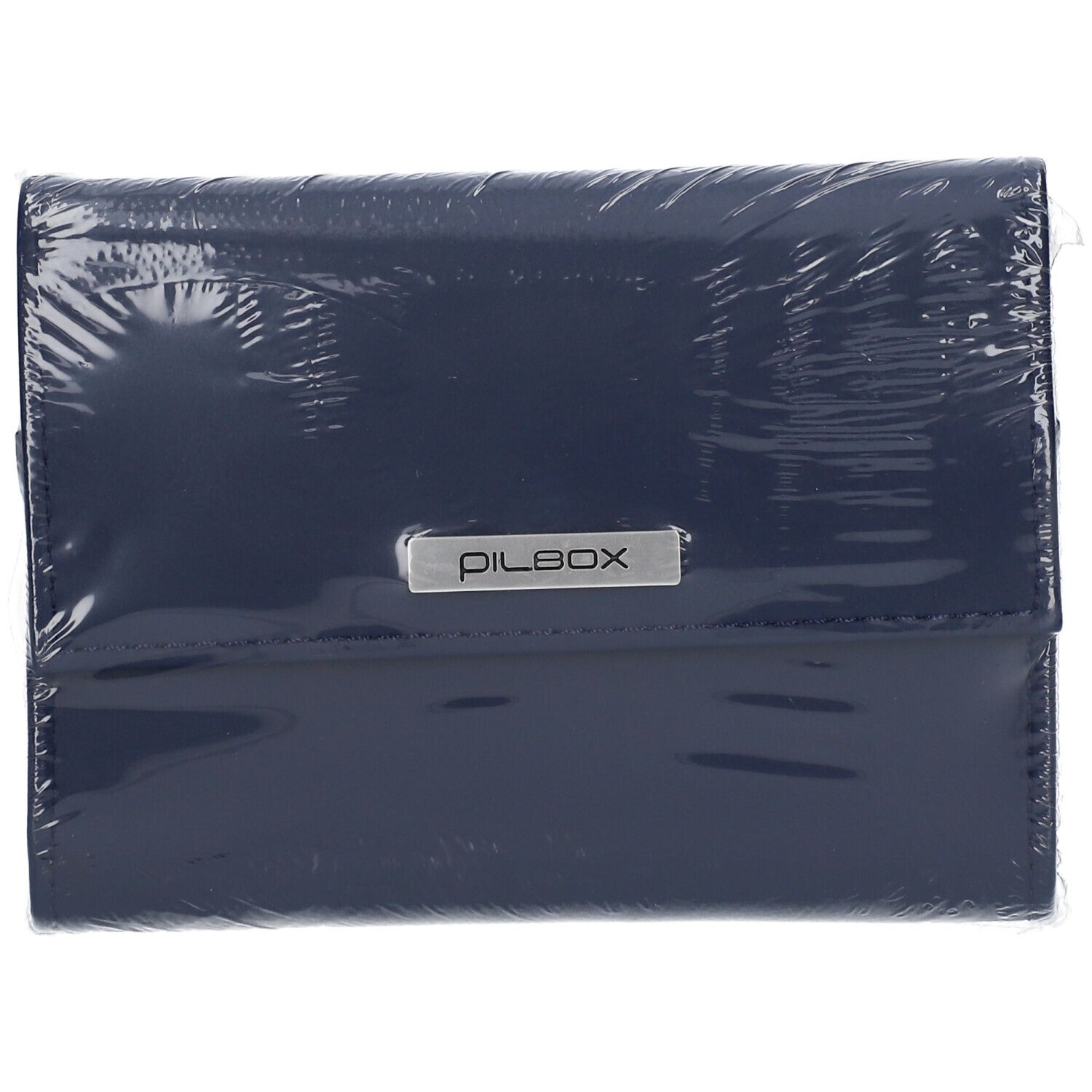 Pilbox Liberty bleu marine sous film plastique. Logo "PILBOX" argenté. Forme rectangulaire.