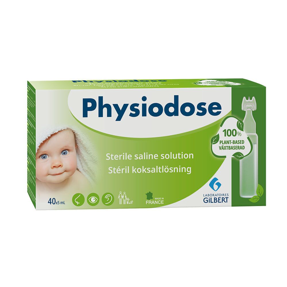 Verpackung von Physiodose. Aufdruck: Sterile Kochsalzlösung, Babygesicht, 40x5 ml, 100% pflanzlich.