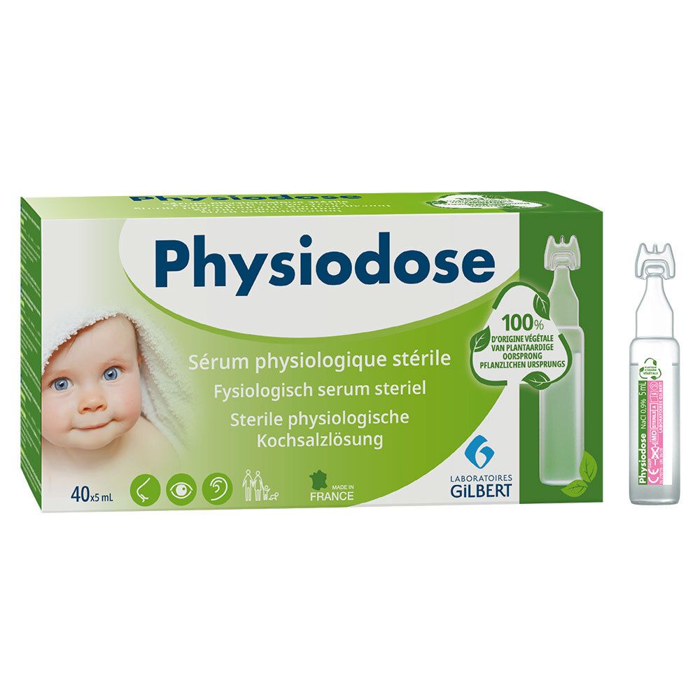 Verpackung von Physiodose mit Ampulle. Aufdruck: Steriles physiologisches Serum, Babygesicht, 40x5 ml, 100% pflanzlich.