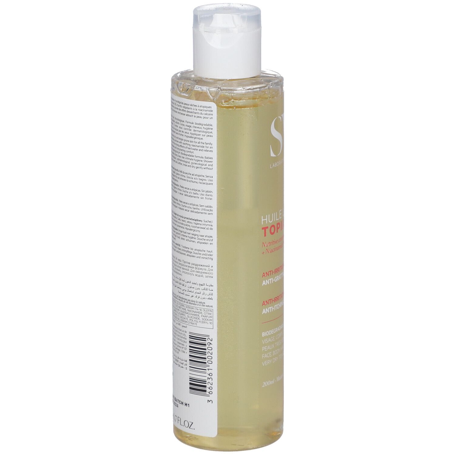 Rückseite einer gelben Flasche mit weißem Deckel. Text und Barcode. Marke: SVR. Produktname: Huile Lavante Topialyse.