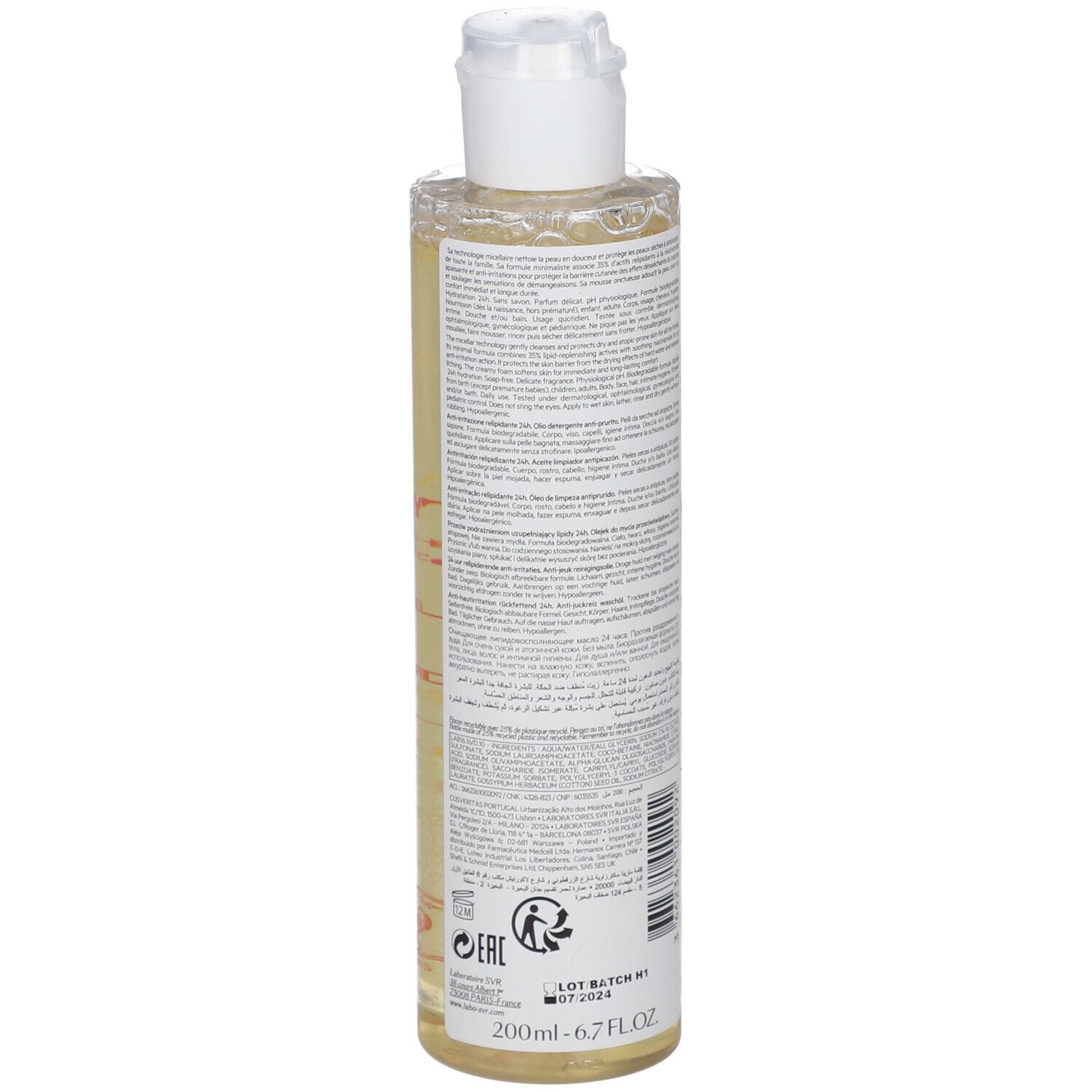 Rückseite einer gelben Flasche mit weißem Deckel. Text und Barcode. Marke: SVR. Produktname: Huile Lavante Topialyse.