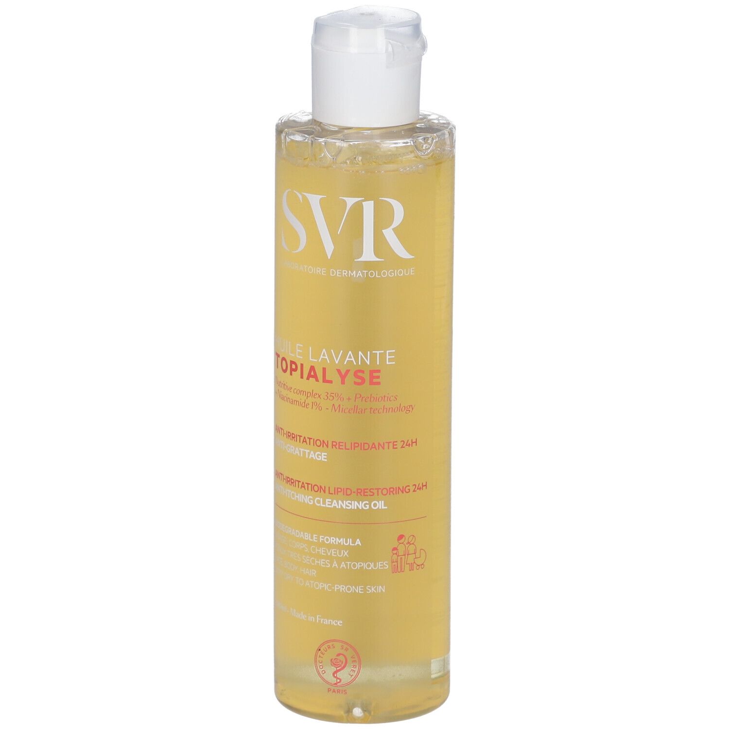 Gelbe Flasche mit weißem Deckel. Aufschrift: SVR, Huile Lavante Topialyse. Anti-Irritation, Anti-Juckreiz.