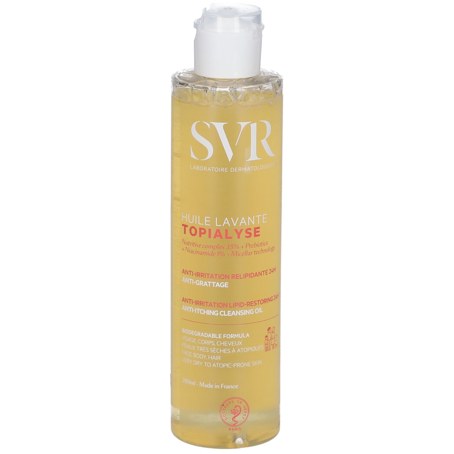 Gelbe Flasche mit weißem Deckel. Aufschrift: SVR, Huile Lavante Topialyse. Anti-Irritation, Anti-Juckreiz.