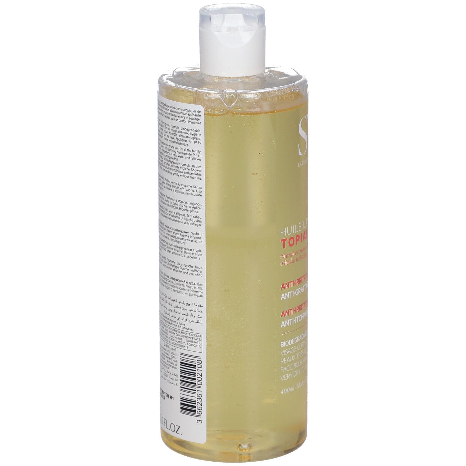 SVR Topialyse Mizellenreinigungsöl. Transparente Flasche mit gelber Flüssigkeit. Rückseite mit Text. Weißer Deckel.