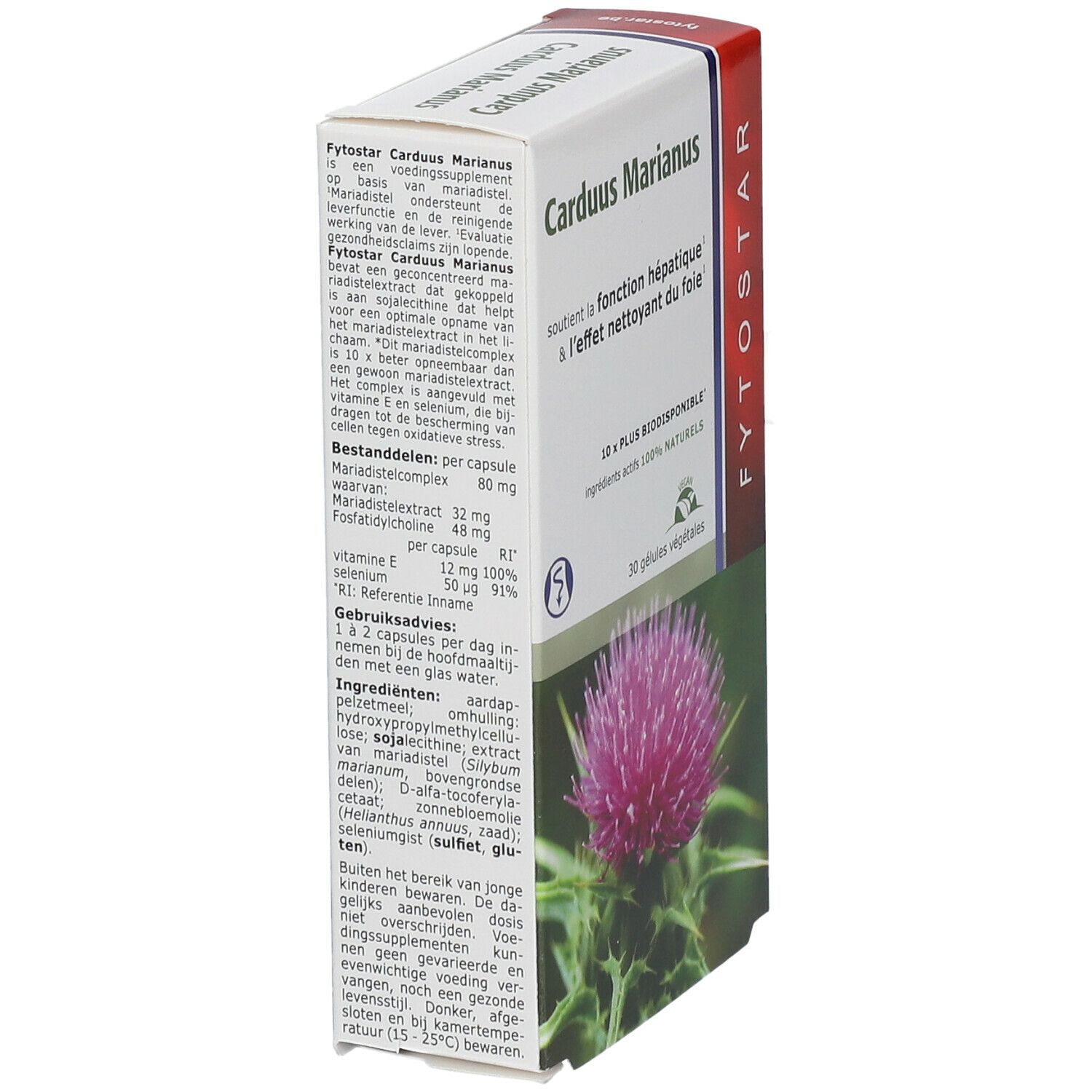 Productverpakking met tekst en logo. Bevat 30 capsules. Illustratie van distelbloem.