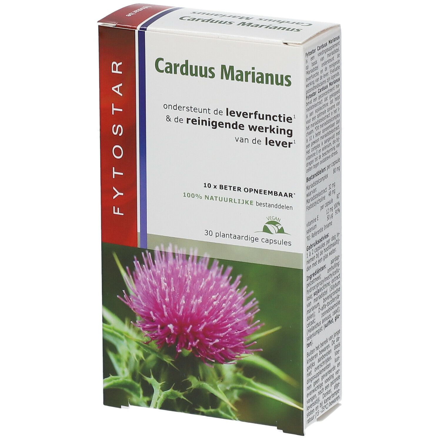 Productverpakking met tekst en logo. Bevat 30 capsules. Illustratie van distelbloem.