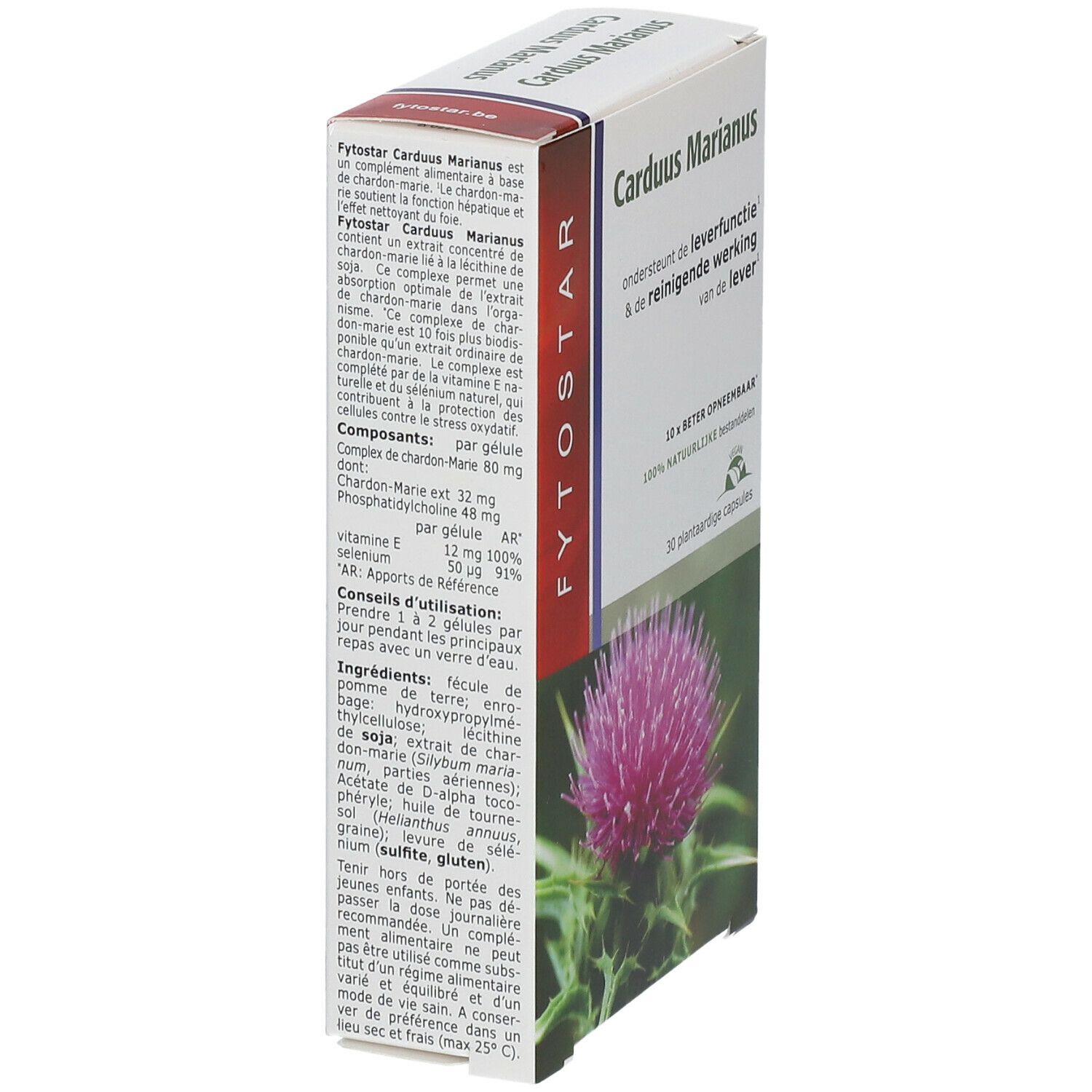 Productverpakking met tekst en logo. Bevat 30 capsules. Illustratie van distelbloem.