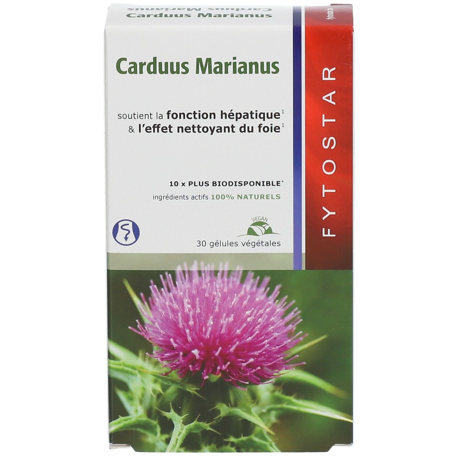 Productverpakking met tekst en logo. Bevat 30 capsules. Illustratie van distelbloem.
