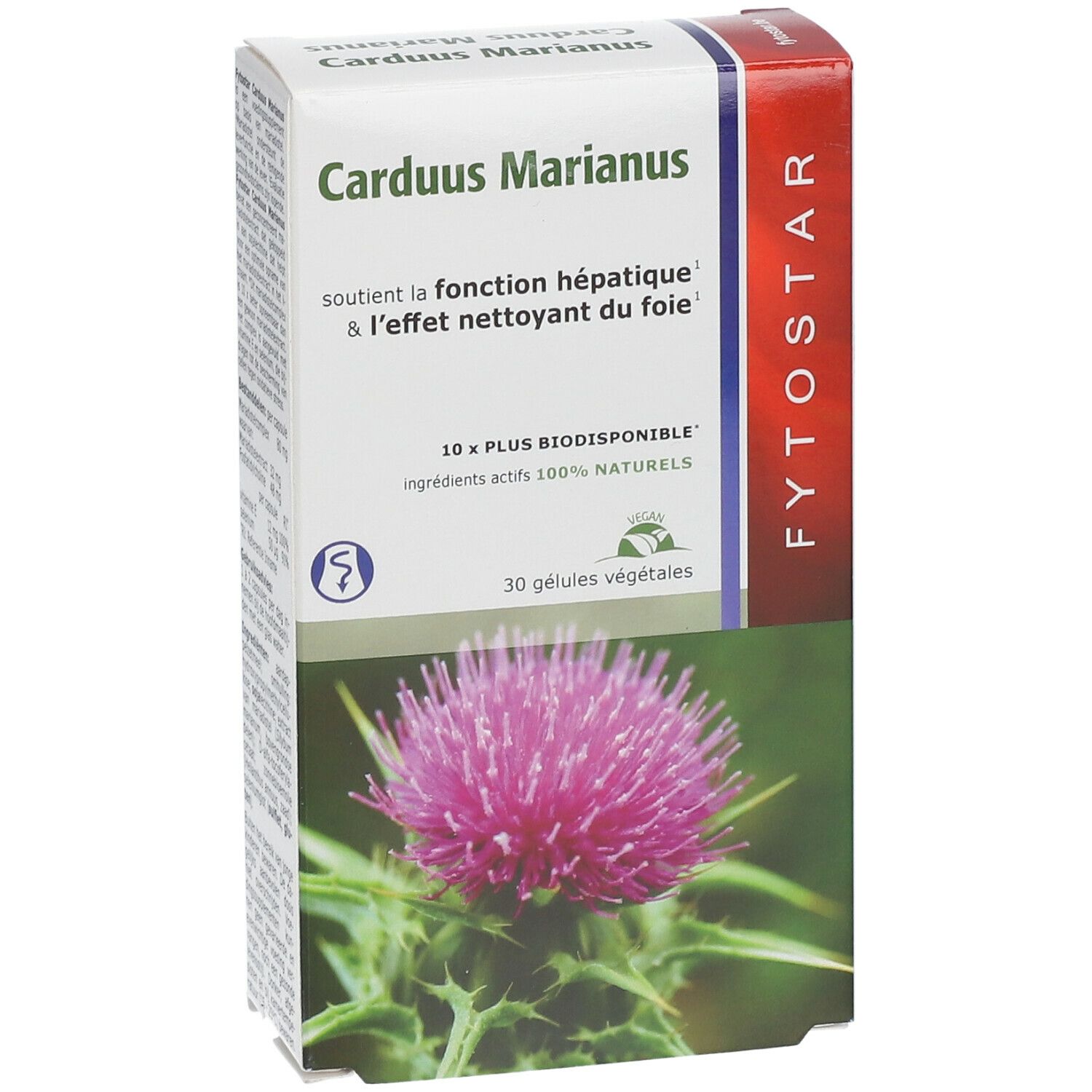 Productverpakking met tekst en logo. Bevat 30 capsules. Illustratie van distelbloem.