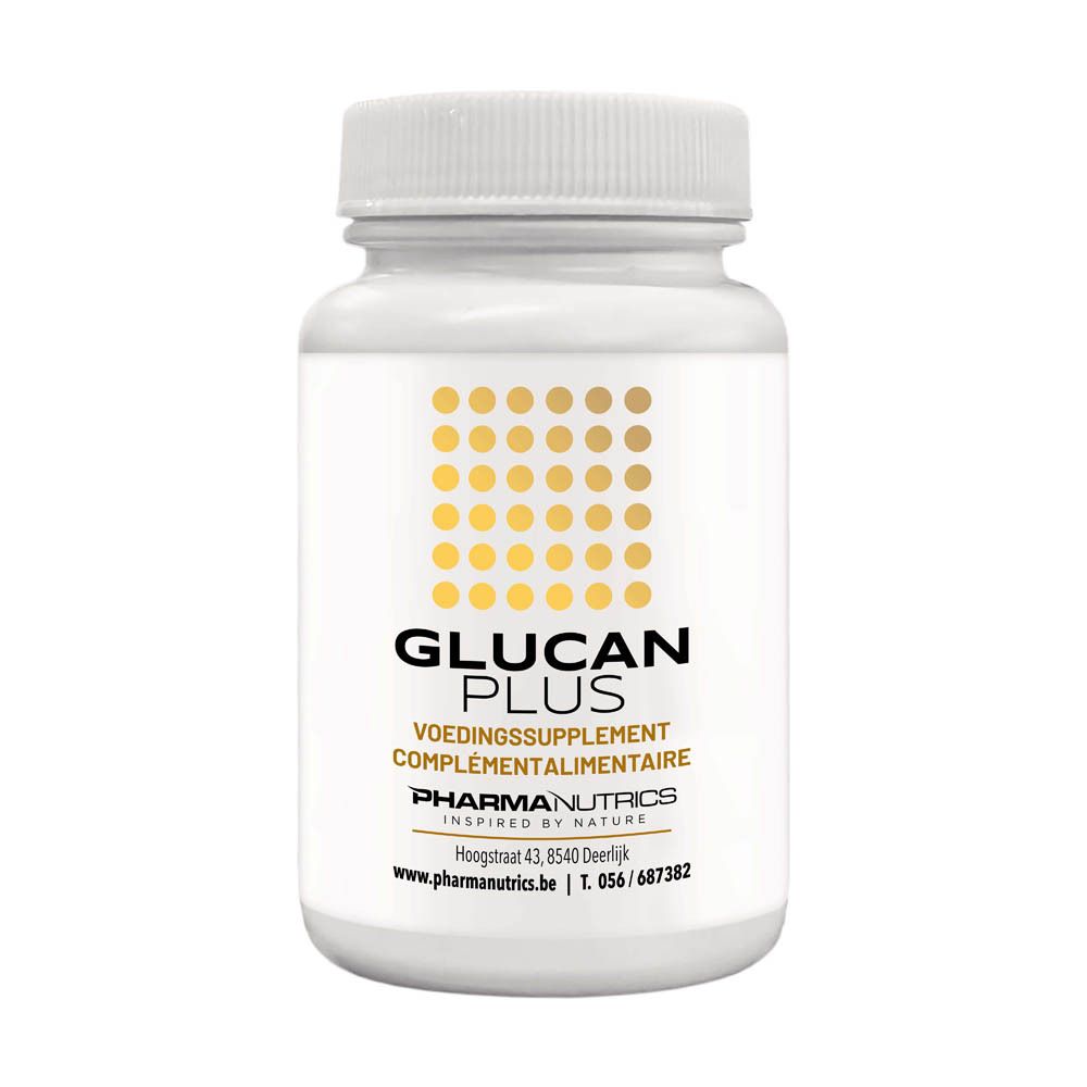 Flacon blanc de gélules. Inscription : Glucan Plus, complément alimentaire. Logo PharmaNutrics. Points jaunes.