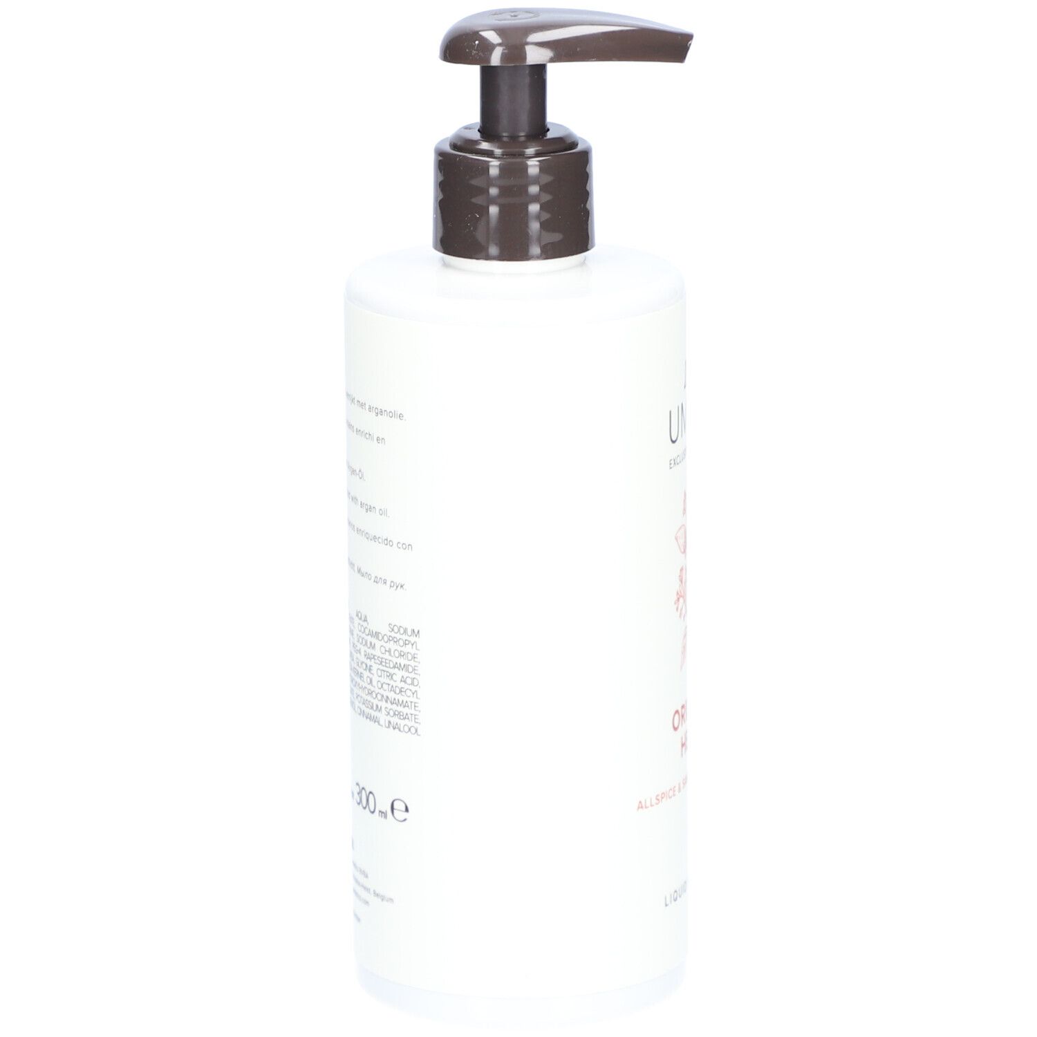 Weißer Spender mit braunem Pumpkopf. Rückseite mit Text und Informationen. Aufschrift: 300ml.