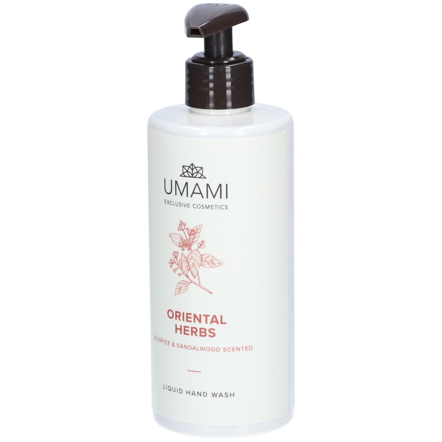 Weißer Spender mit braunem Pumpkopf. Aufschrift: UMAMI, ORIENTAL HERBS, Allspice & Sandalwood Scented, Liquid Hand Wash. Rote Grafik.