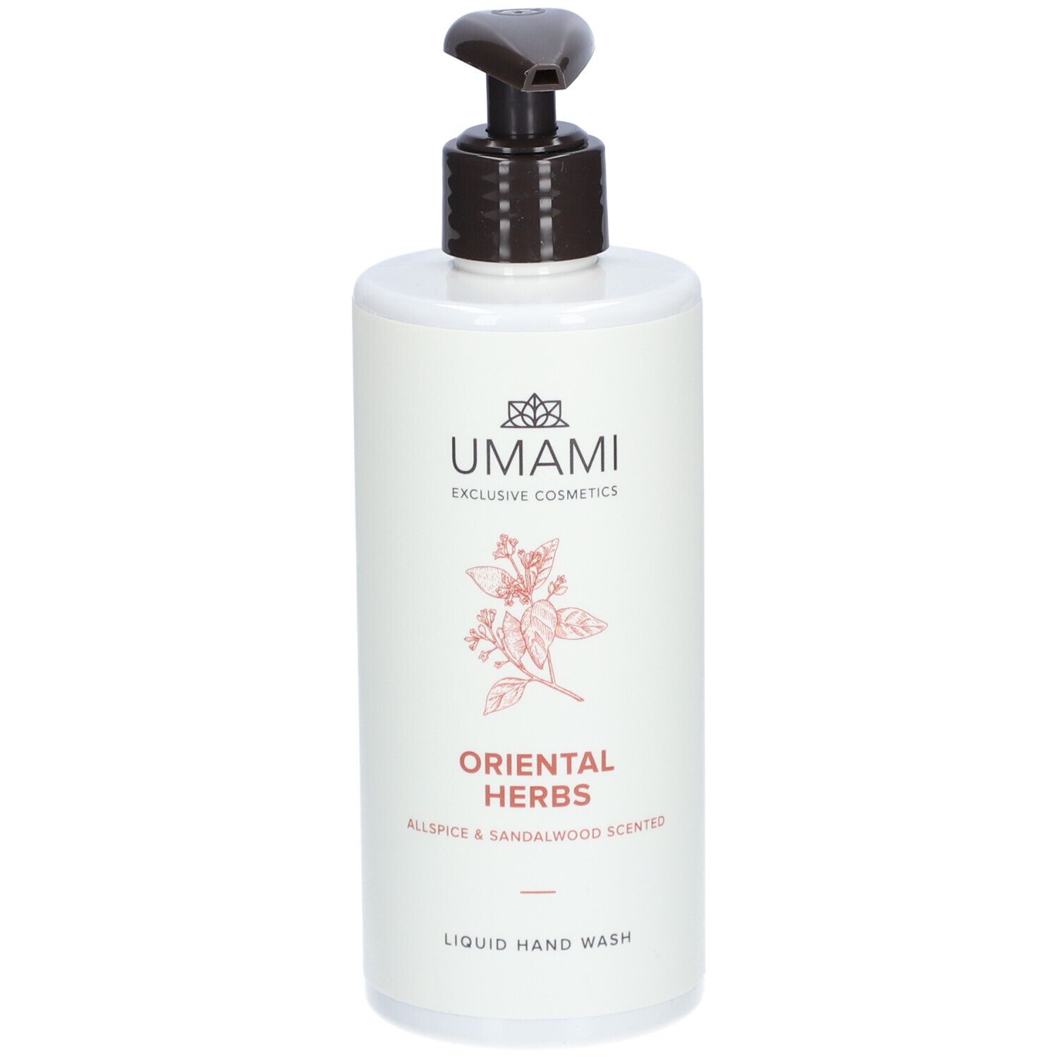 Weißer Spender mit braunem Pumpkopf. Aufschrift: UMAMI, ORIENTAL HERBS, Allspice & Sandalwood Scented, Liquid Hand Wash. Rote Grafik.