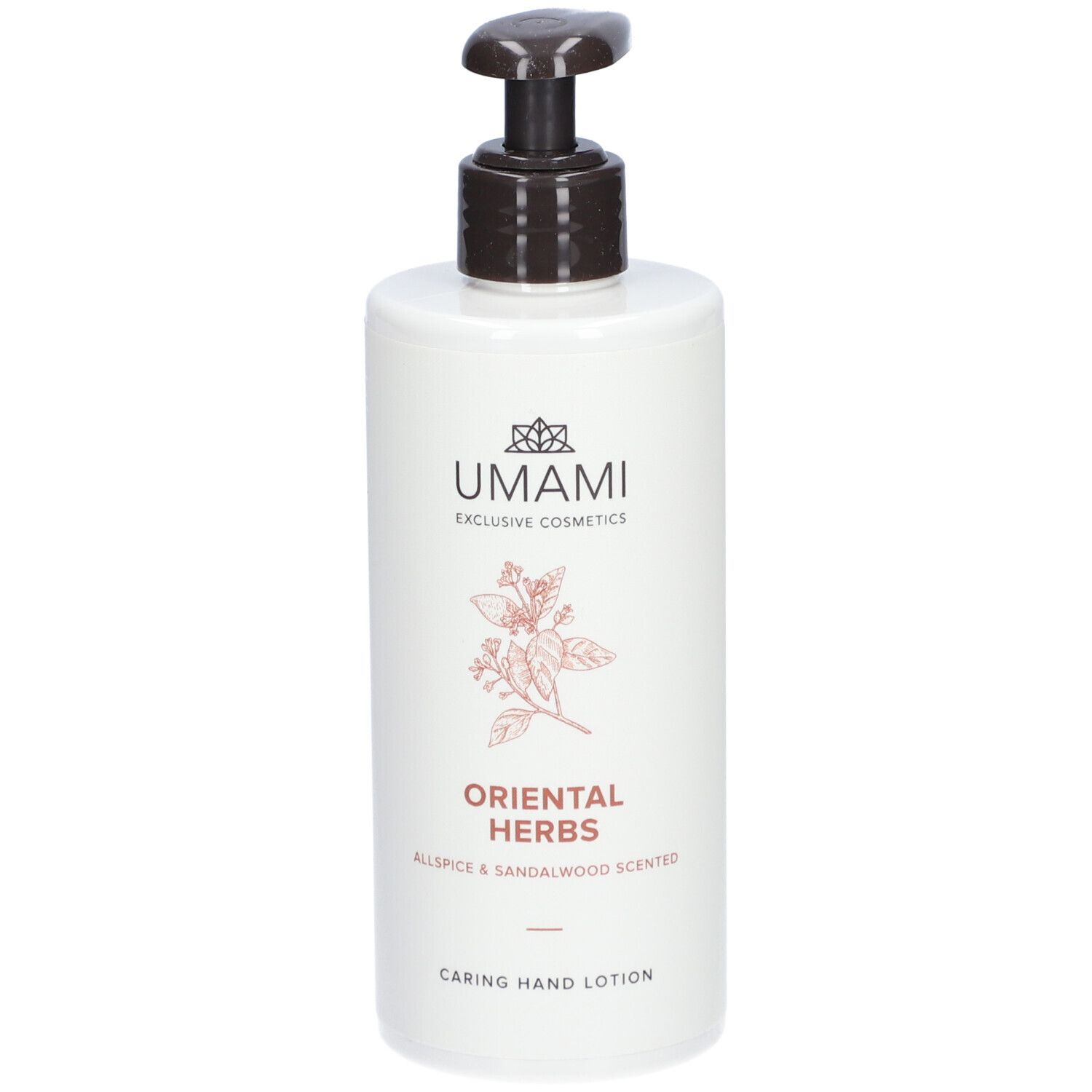 Flacon blanc avec pompe marron. Inscription: UMAMI, ORIENTAL HERBS, Caring Hand Lotion.