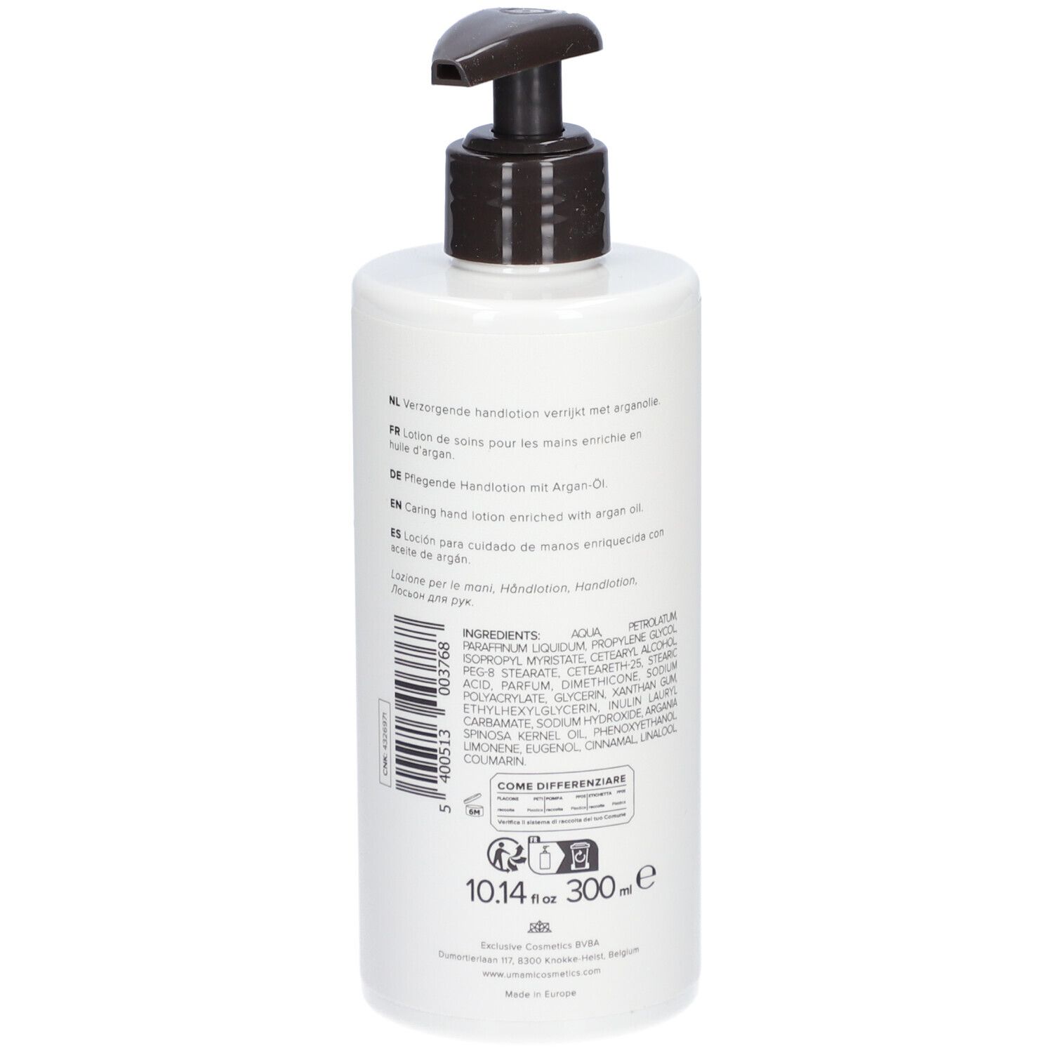 Flacon blanc avec pompe marron. Texte multilingue, ingrédients, 300ml.