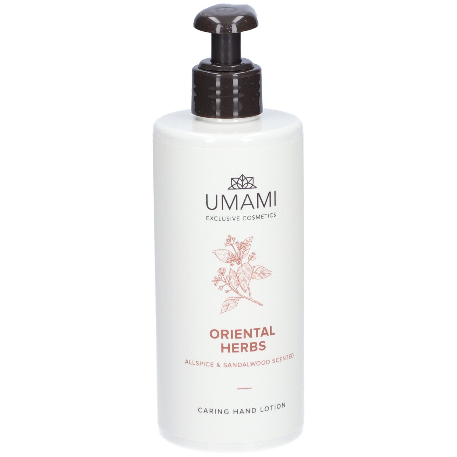 Flacon blanc avec pompe marron. Inscription: UMAMI, ORIENTAL HERBS, Caring Hand Lotion.