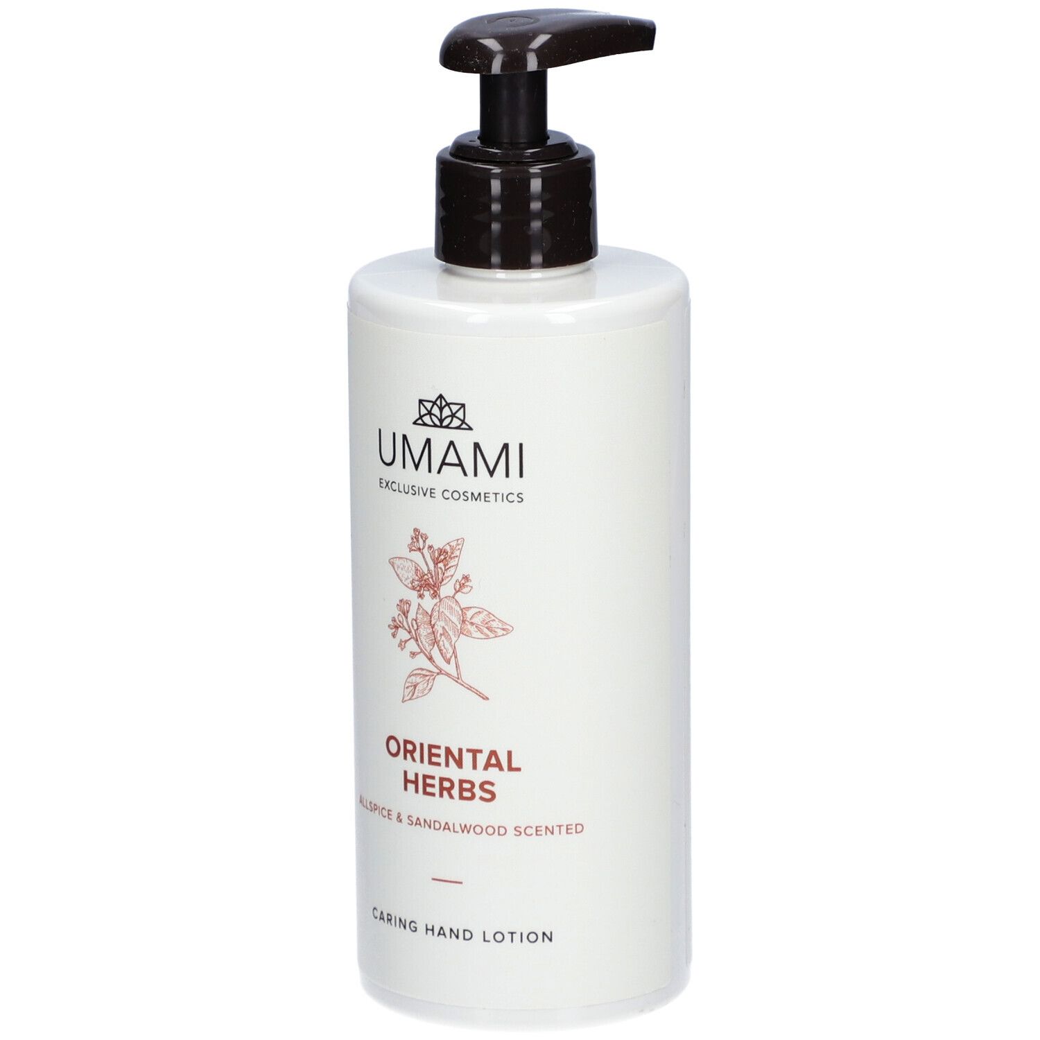 Flacon blanc avec pompe marron. Inscription: UMAMI, ORIENTAL HERBS, Caring Hand Lotion.