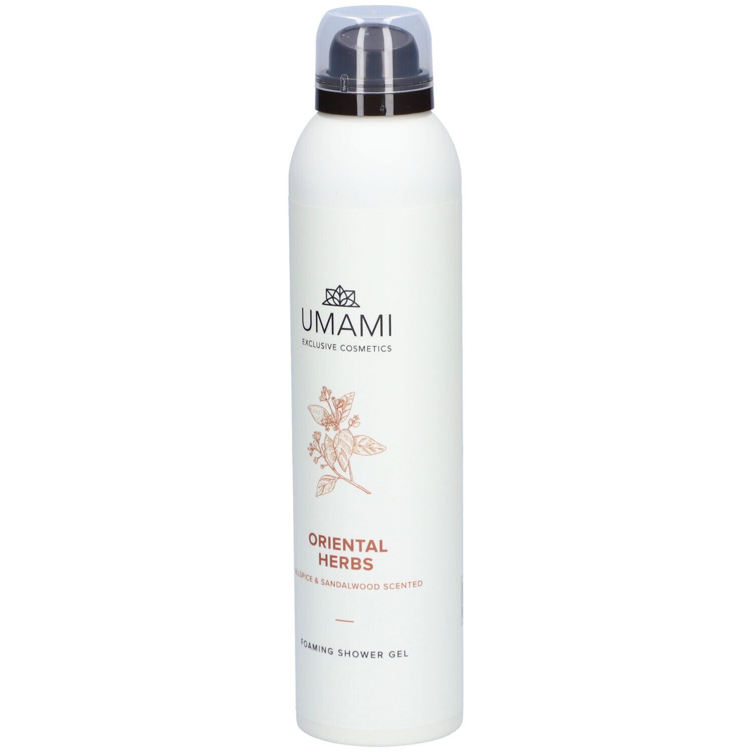 Weiße Flasche mit Sprühkopf. Aufschrift: UMAMI, ORIENTAL HERBS, Foaming Shower Gel. Abbildung einer Pflanze.