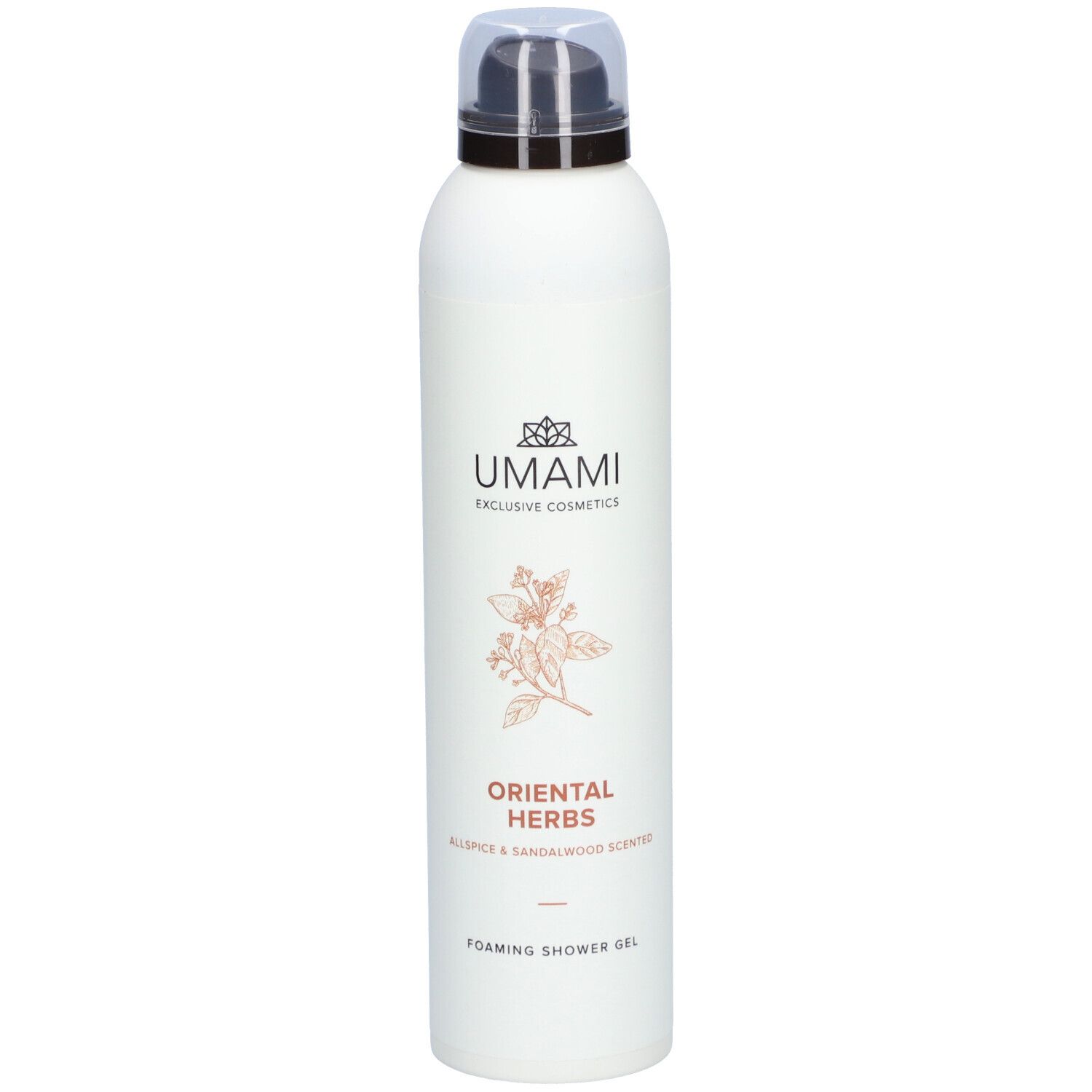Weiße Flasche mit Sprühkopf. Aufschrift: UMAMI, ORIENTAL HERBS, Foaming Shower Gel. Abbildung einer Pflanze.