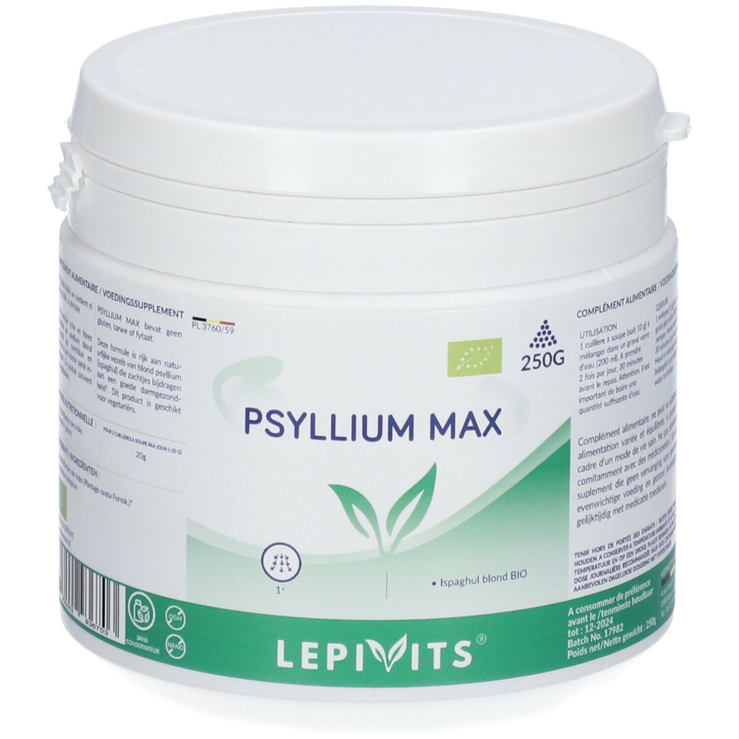 Weißer Behälter mit LEPIVITS® Psyllium Max. Aufschrift: Psyllium Max, 250g, Bio-Siegel. Grünes Logo mit Blättern.