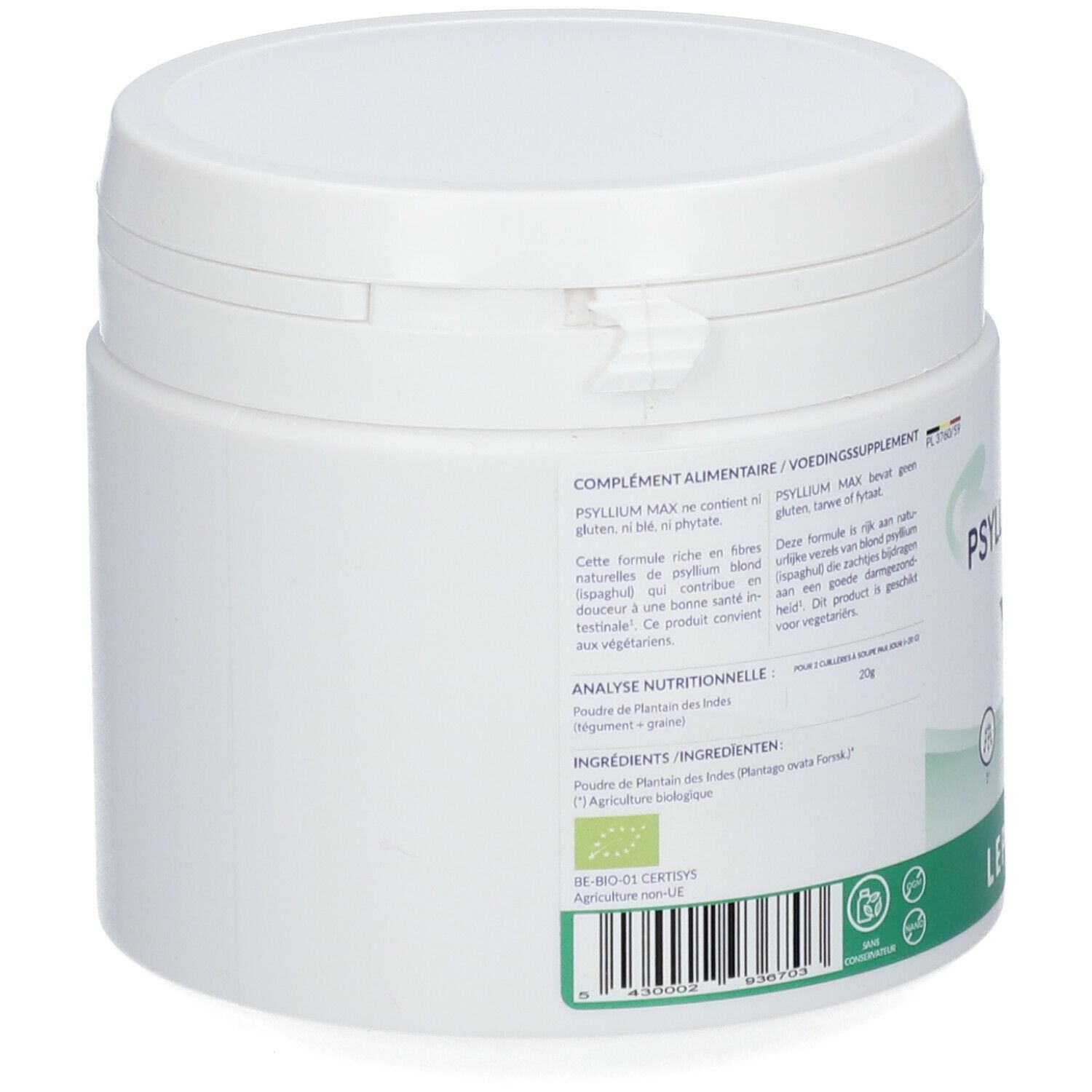 Weißer Behälter LEPIVITS® Psyllium Max. Rückseite mit Text und Barcode. Bio-Siegel. Grüner Aufdruck.