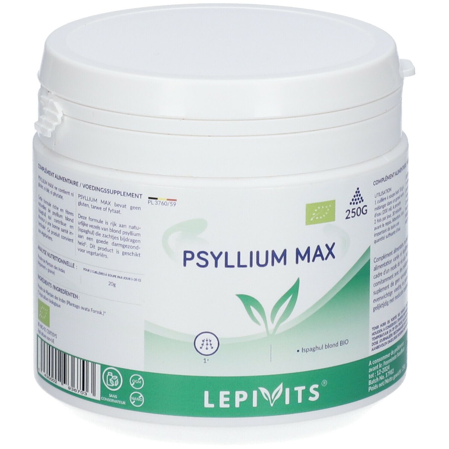Weißer Behälter LEPIVITS® Psyllium Max. Aufschrift: Psyllium Max, 250g, Bio-Siegel. Grünes Logo mit Blättern.