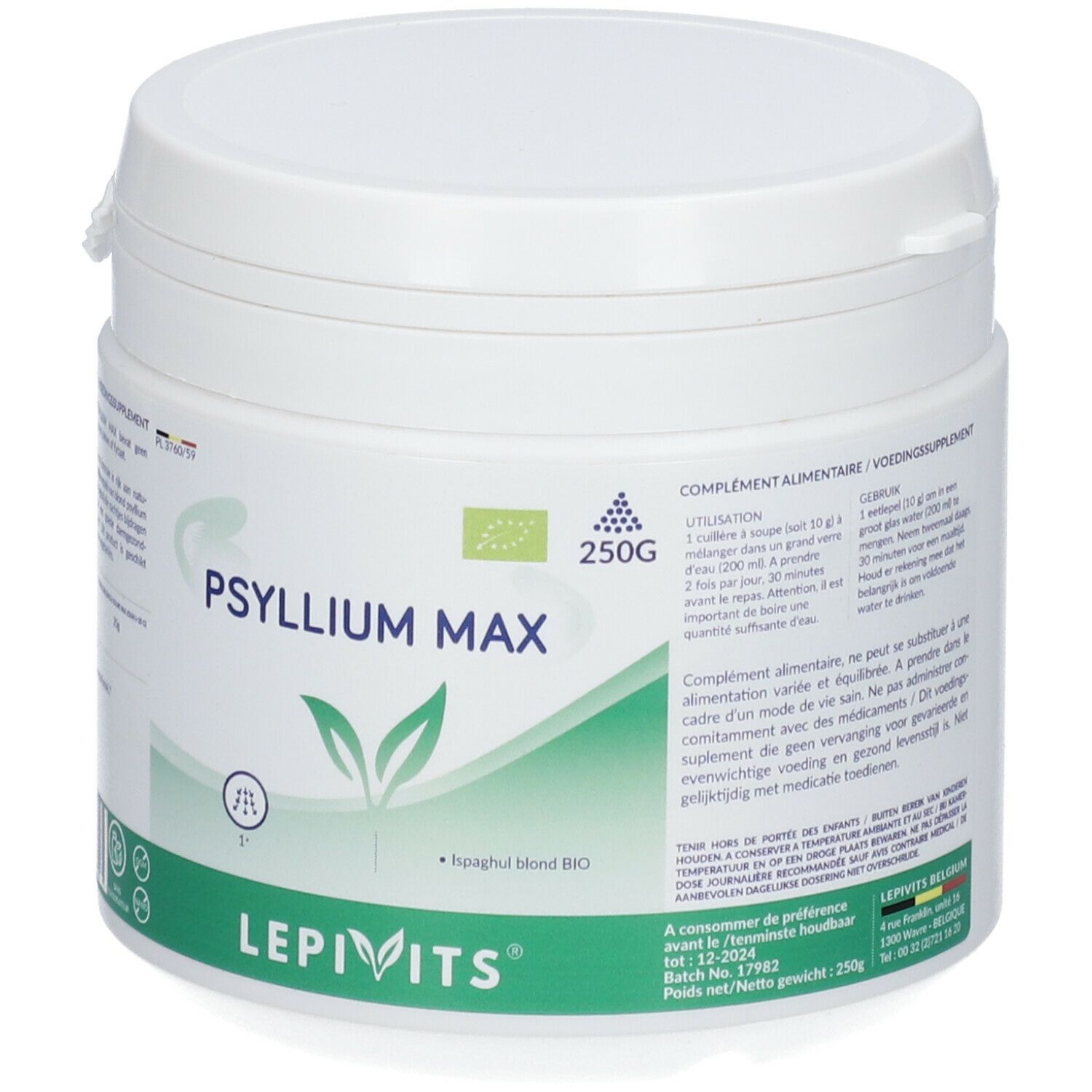 Weißer Behälter LEPIVITS® Psyllium Max. Aufschrift: Psyllium Max, 250g, Bio-Siegel. Grünes Logo mit Blättern.