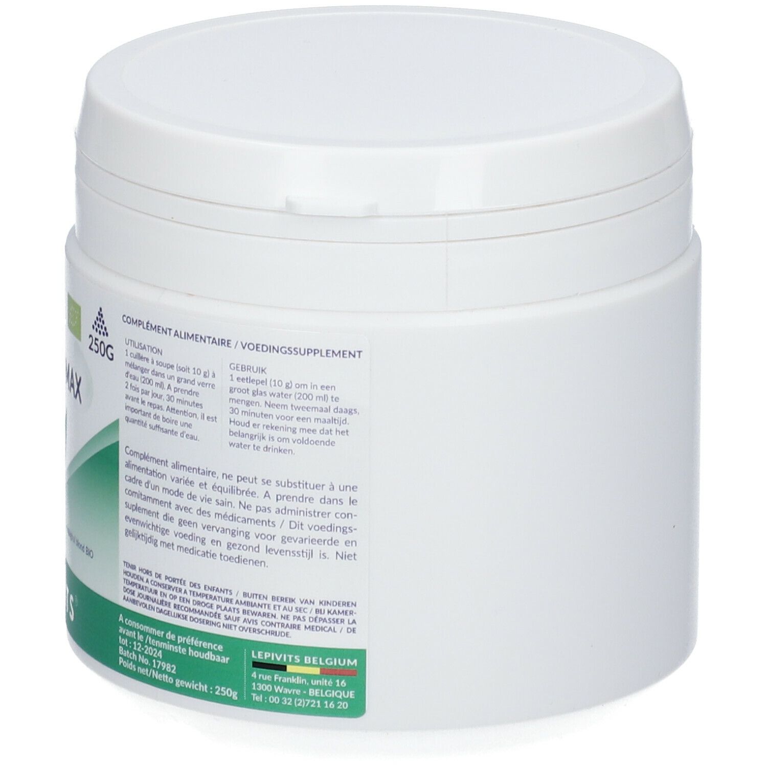 Weißer Behälter LEPIVITS® Psyllium Max. Aufschrift: Psyllium Max, 250g. Grüner Aufdruck mit Text. Bio-Siegel.