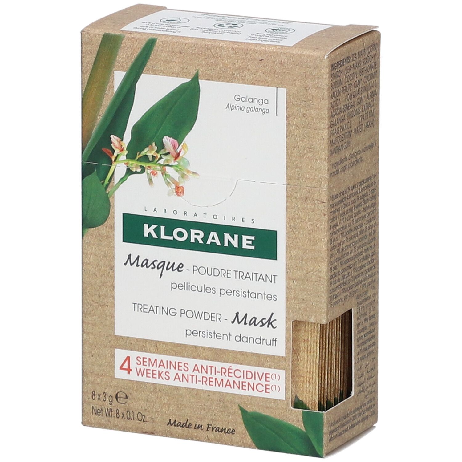 Klorane poedermasker doos. Bruine doos met productinfo en 8 zakjes. Opschrift: 4 weken anti-terugval.