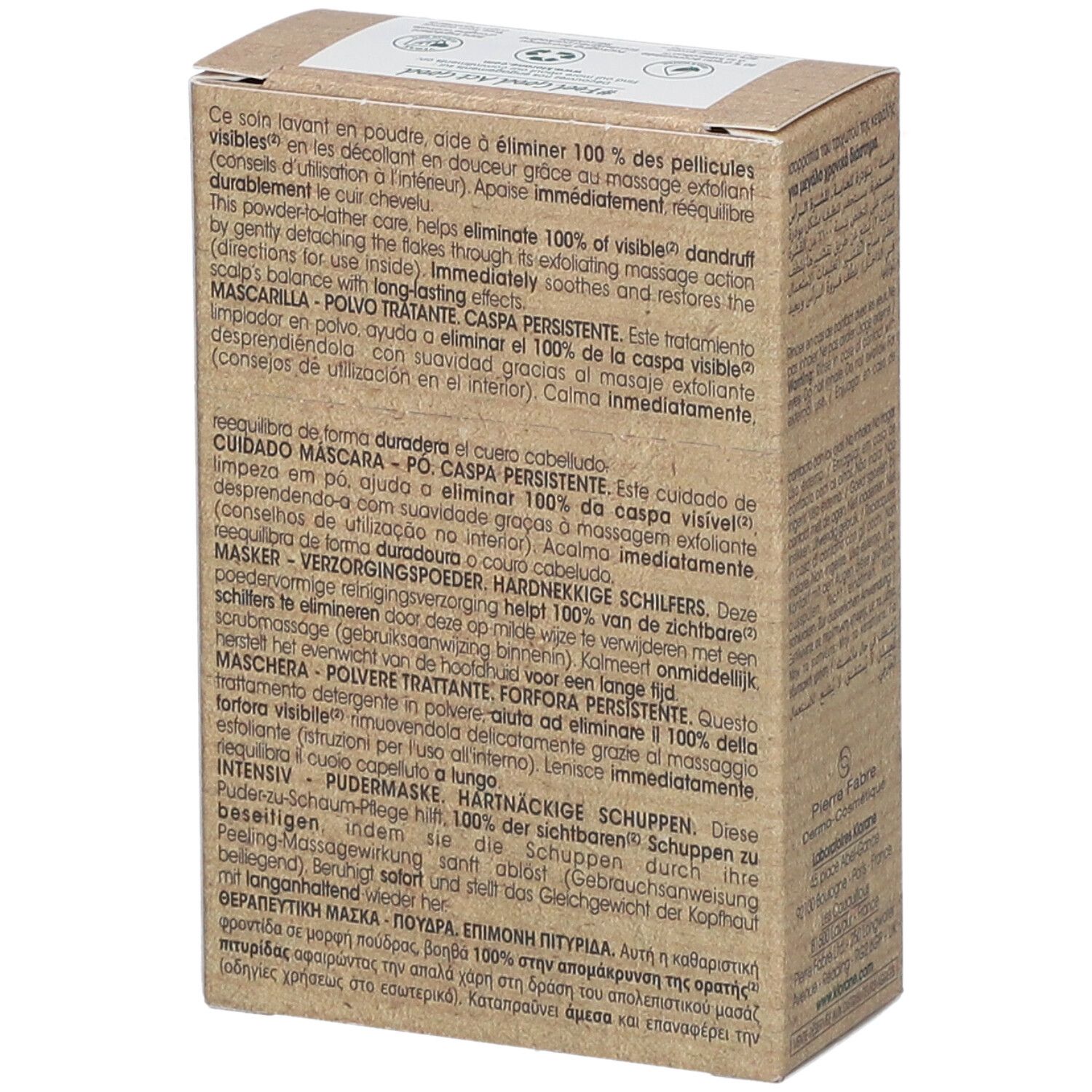 Klorane poedermasker doos. Bruine doos met productinfo en meertalige tekst. Ingrediënten vermeld.