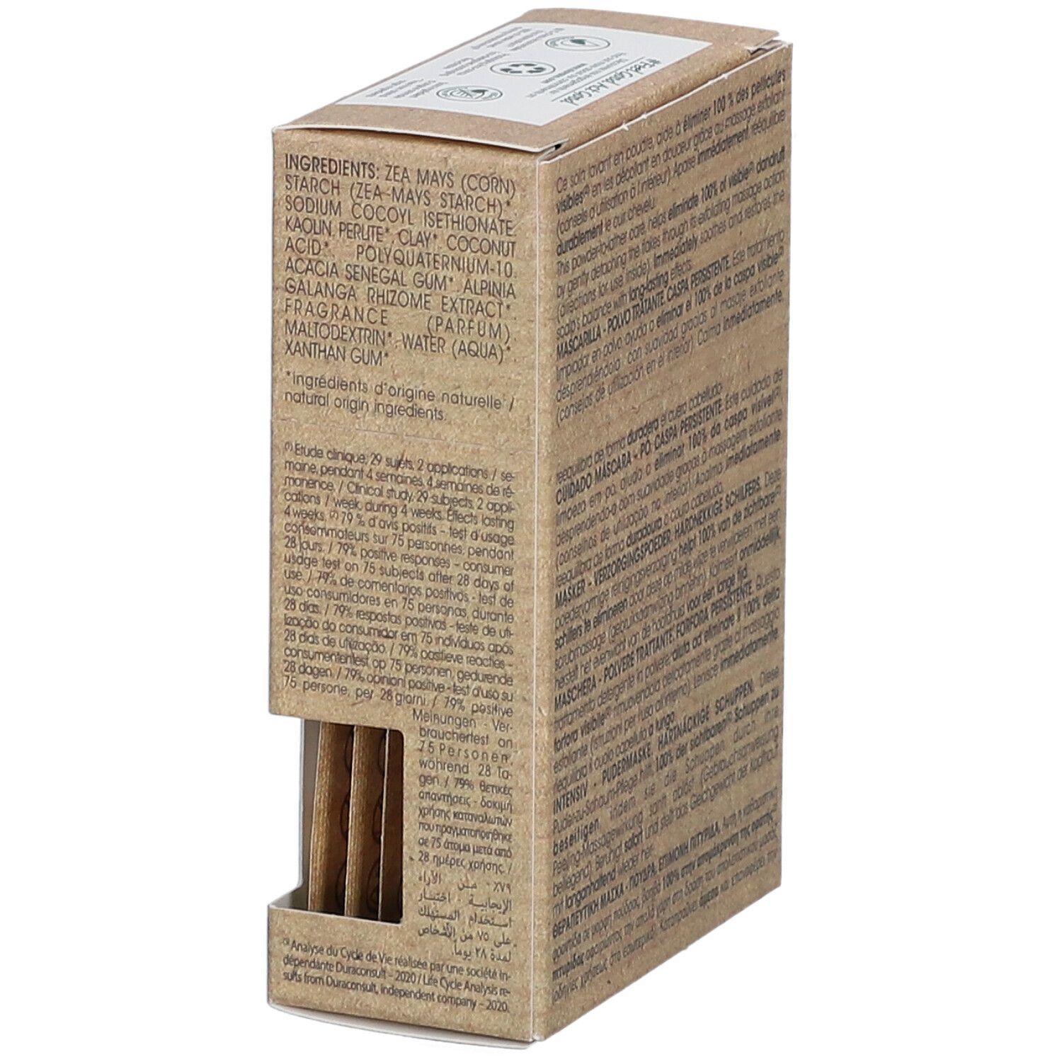 Klorane poedermasker doos. Bruine doos met productinfo en meertalige tekst. Ingrediënten vermeld.