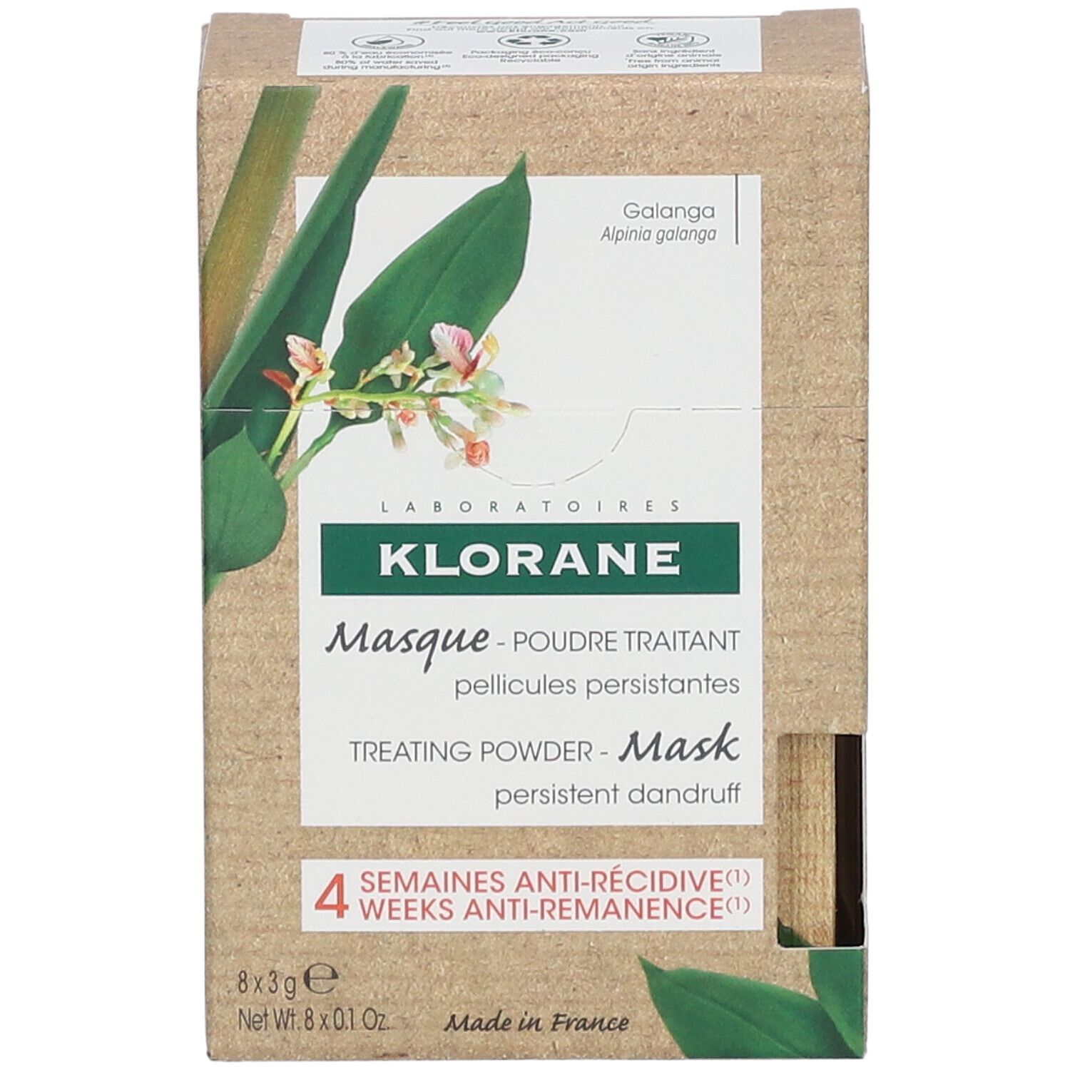 Klorane poedermasker doos. Bruine doos met productinfo en 8 zakjes. Opschrift: 4 weken anti-terugval.