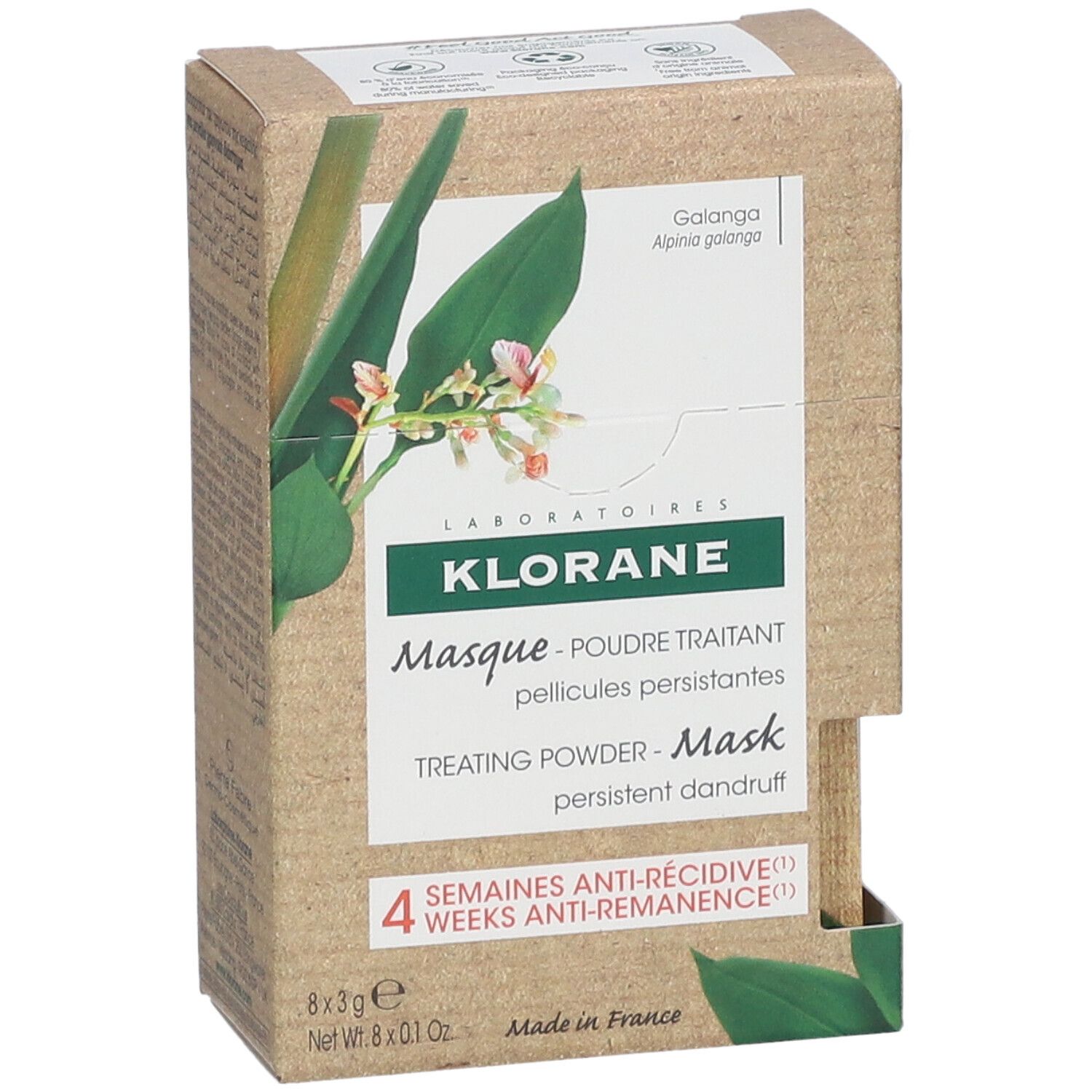 Klorane poedermasker doos. Bruine doos met productinfo en 8 zakjes. Opschrift: 4 weken anti-terugval.