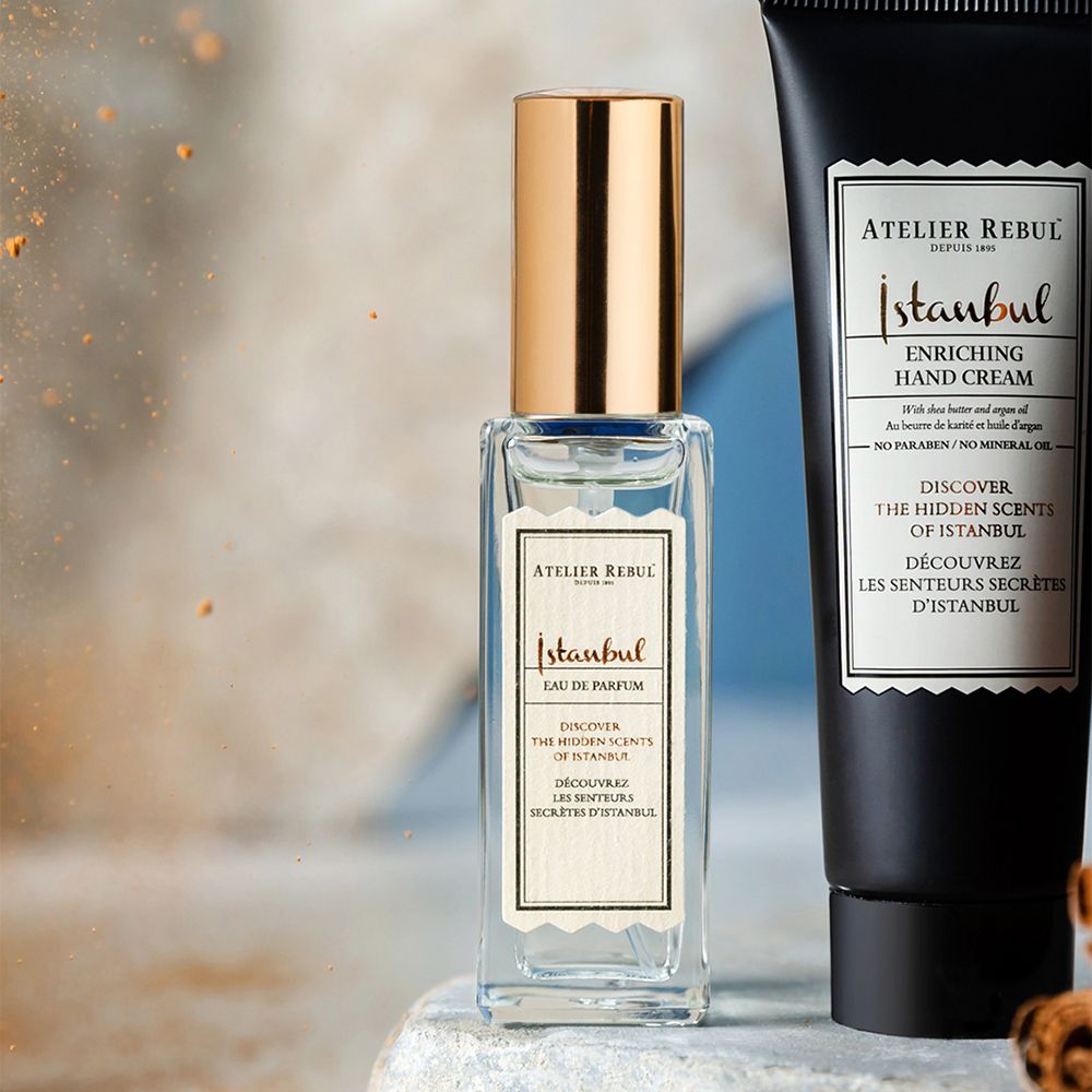 ATELIER REBUL® Istanbul Eau de Parfum und Handcreme. Schwarze Tube und Flakon mit goldfarbenem Verschluss.