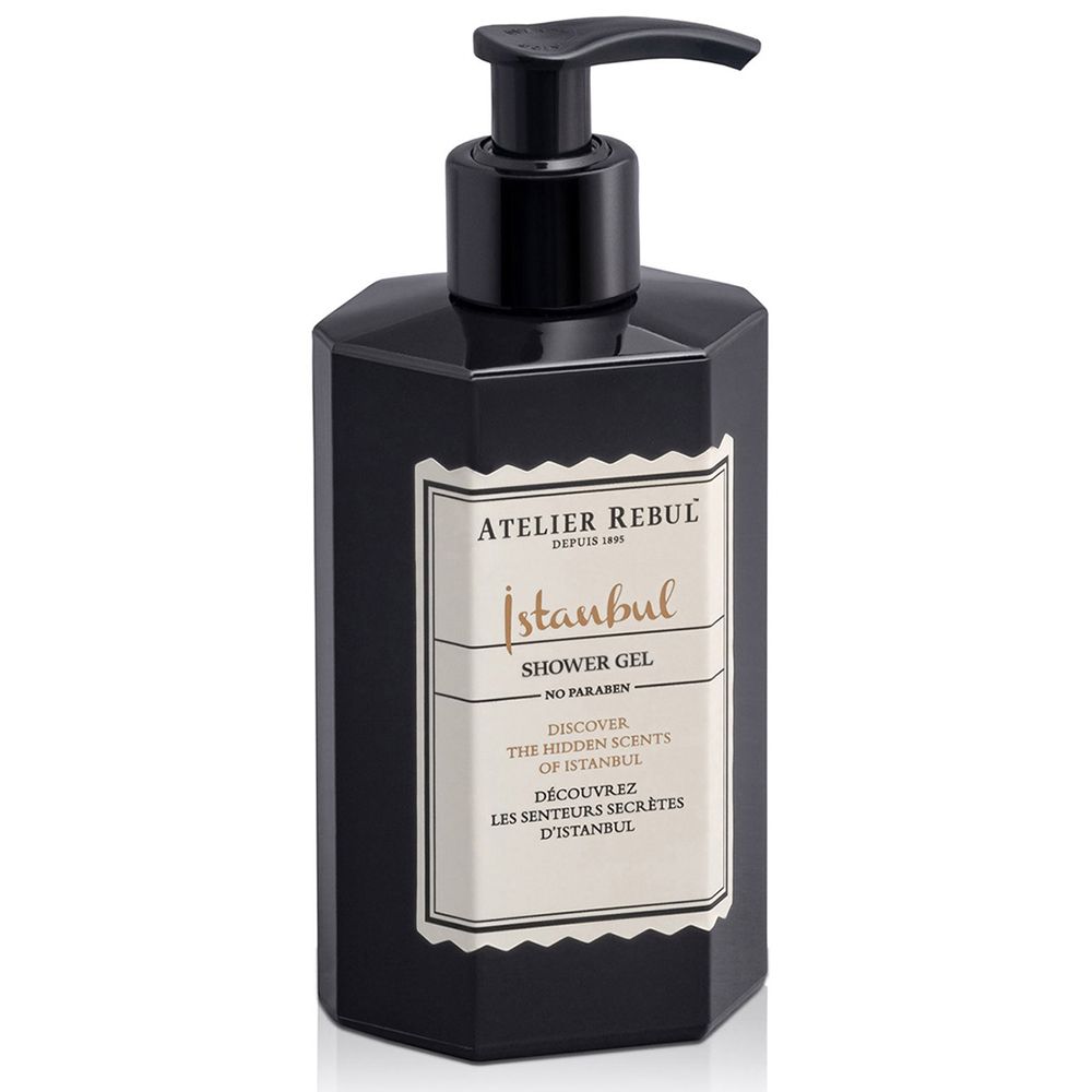 Zwarte fles met doseerpomp. Opschrift: Istanbul Shower Gel, Atelier Rebul.